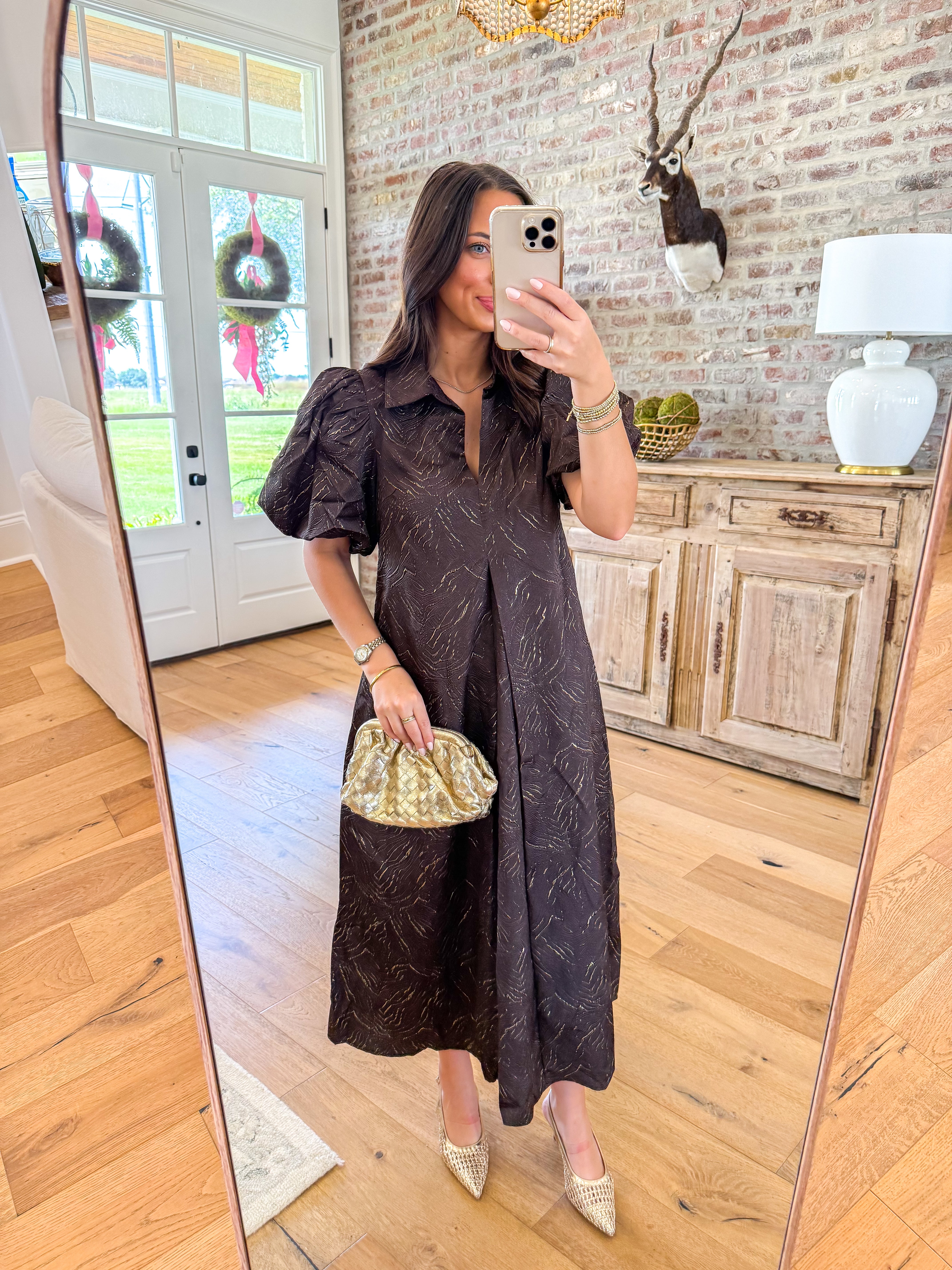 The Chocolate Lurex Puff Sleeve Midi Dress