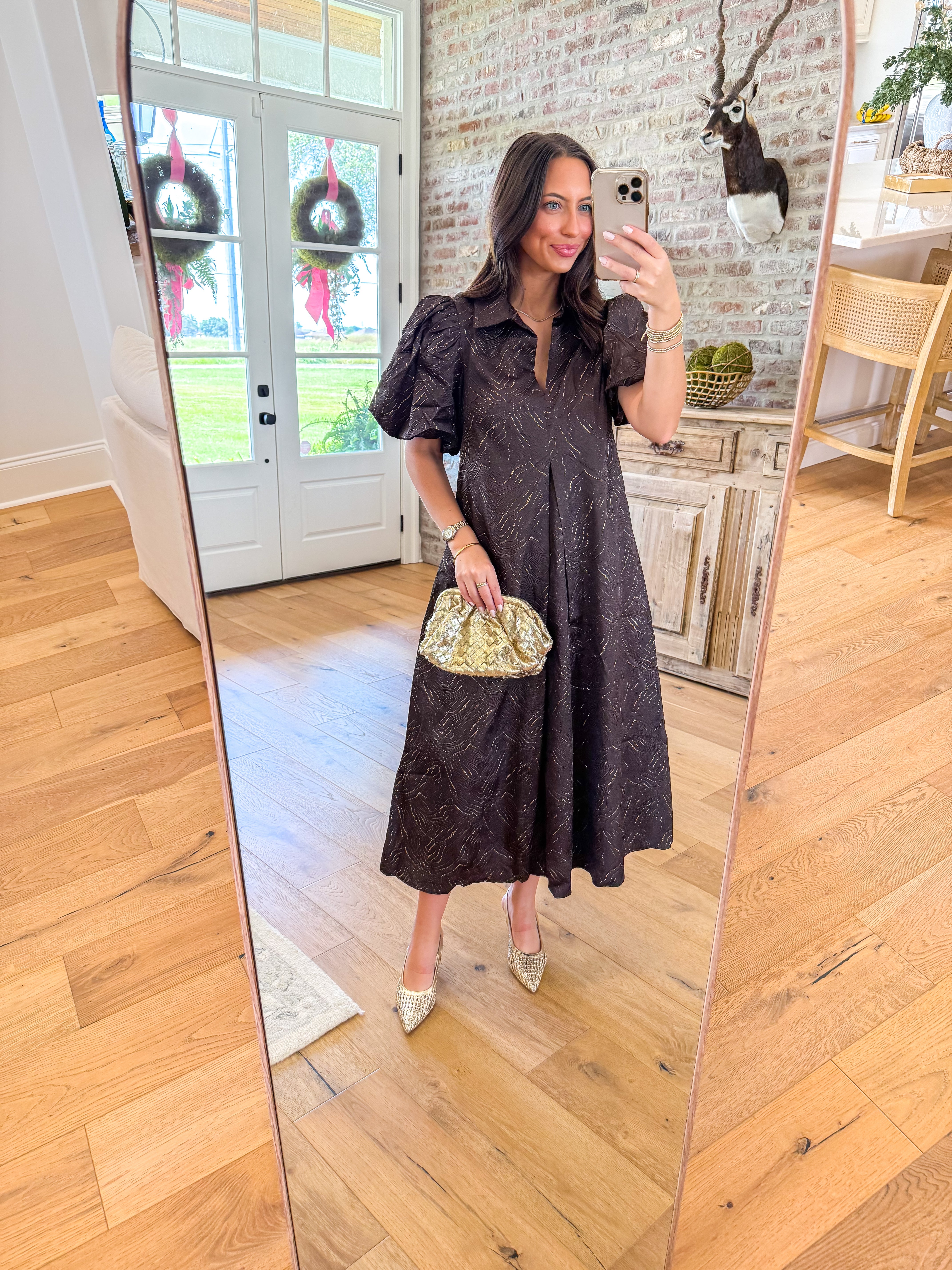 The Chocolate Lurex Puff Sleeve Midi Dress