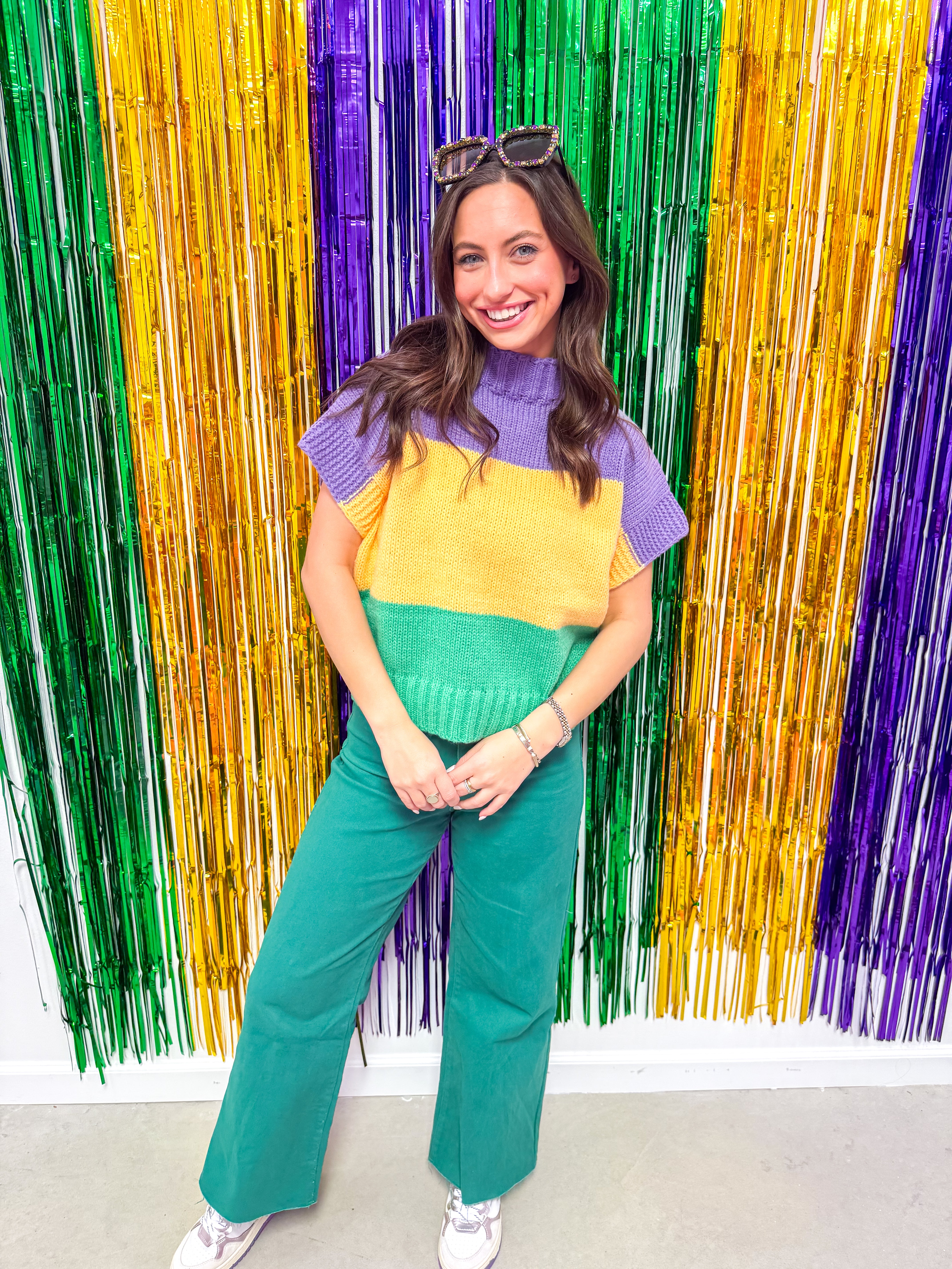 Mardi Gras Colorblock Drop Shoulder Sweater Top