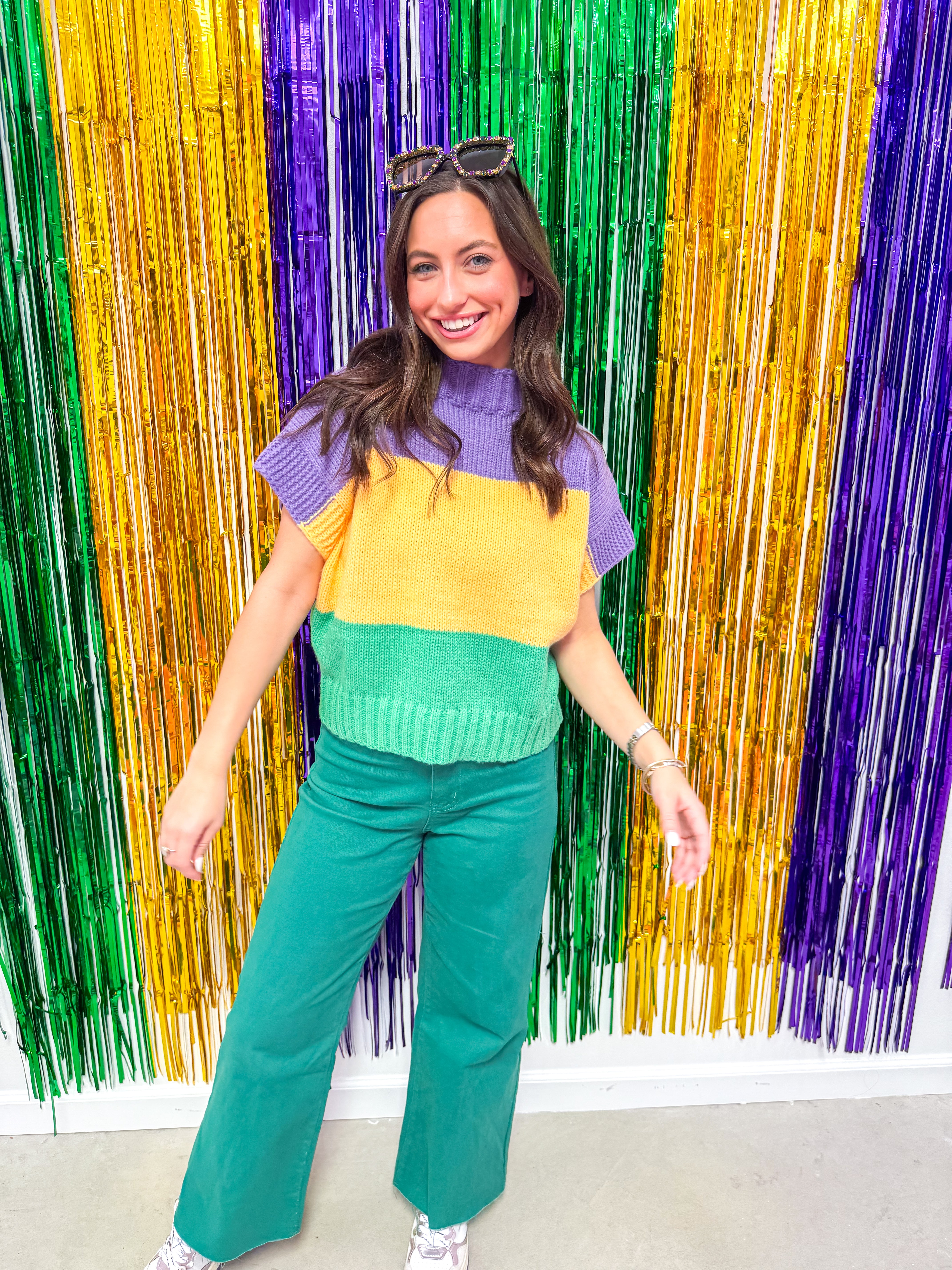 Mardi Gras Colorblock Drop Shoulder Sweater Top