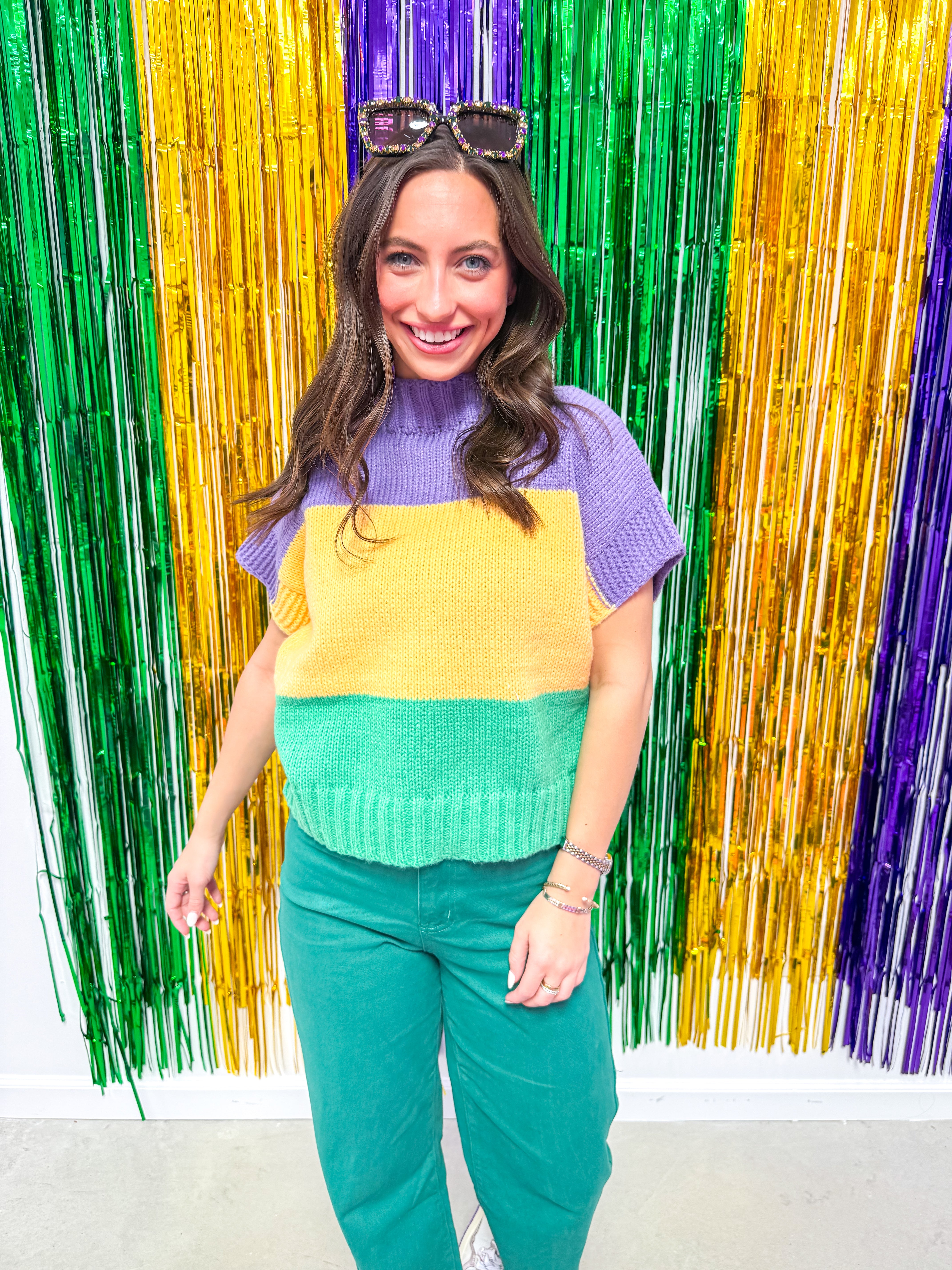 Mardi Gras Colorblock Drop Shoulder Sweater Top