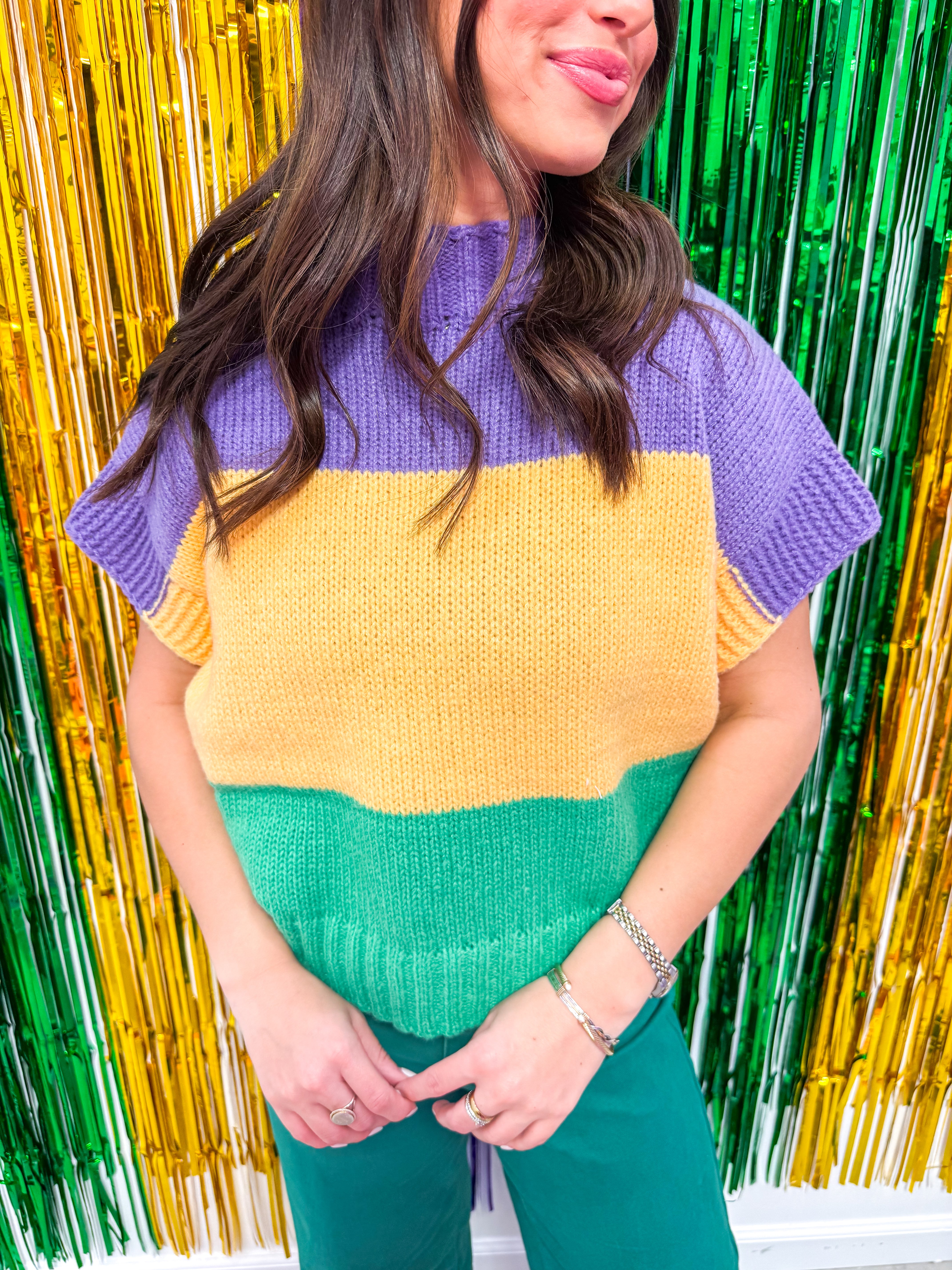 Mardi Gras Colorblock Drop Shoulder Sweater Top