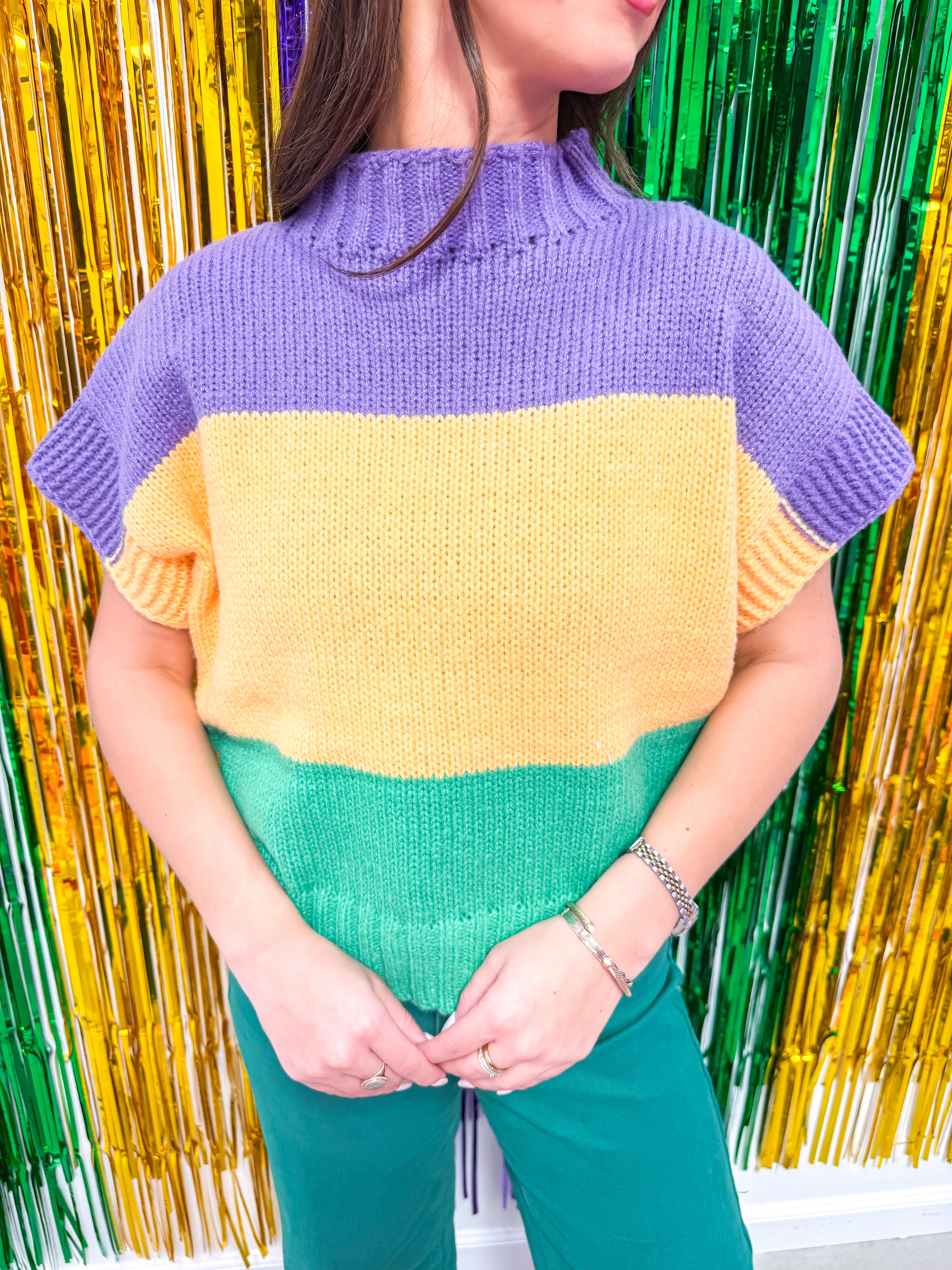 Mardi Gras Colorblock Drop Shoulder Sweater Top