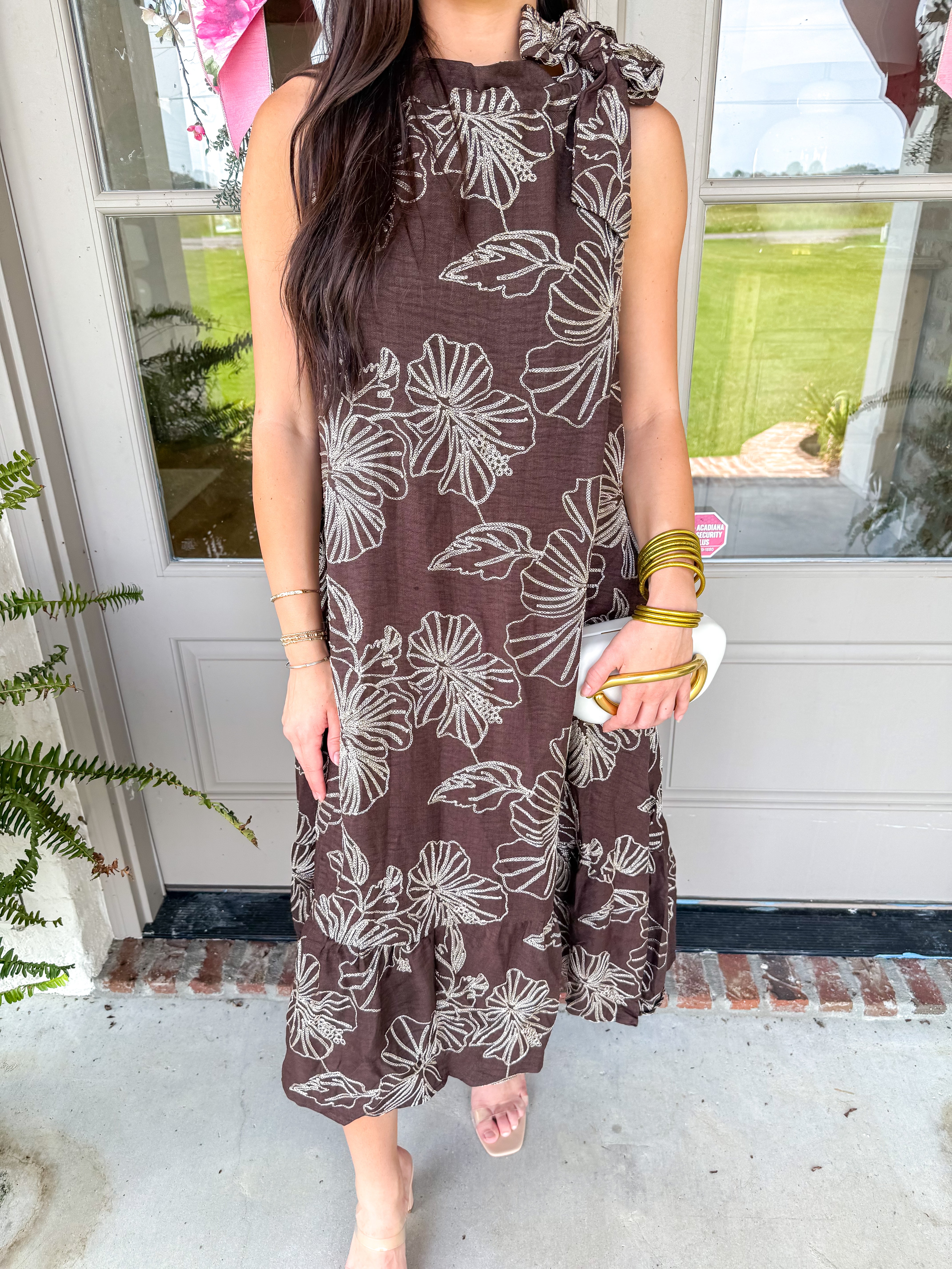 Chocolate Hibiscus Halter Midi Dress