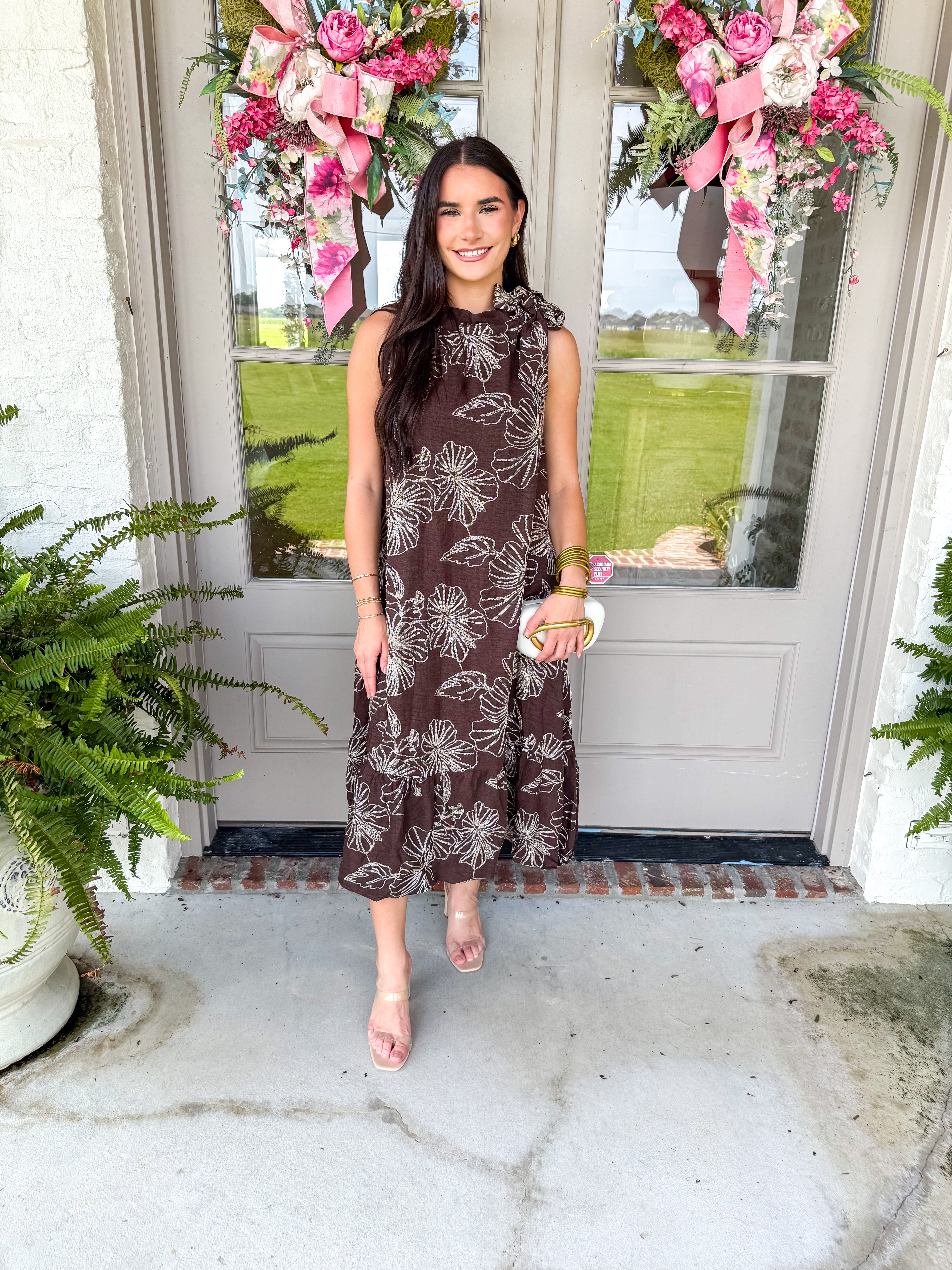 Chocolate Hibiscus Halter Midi Dress