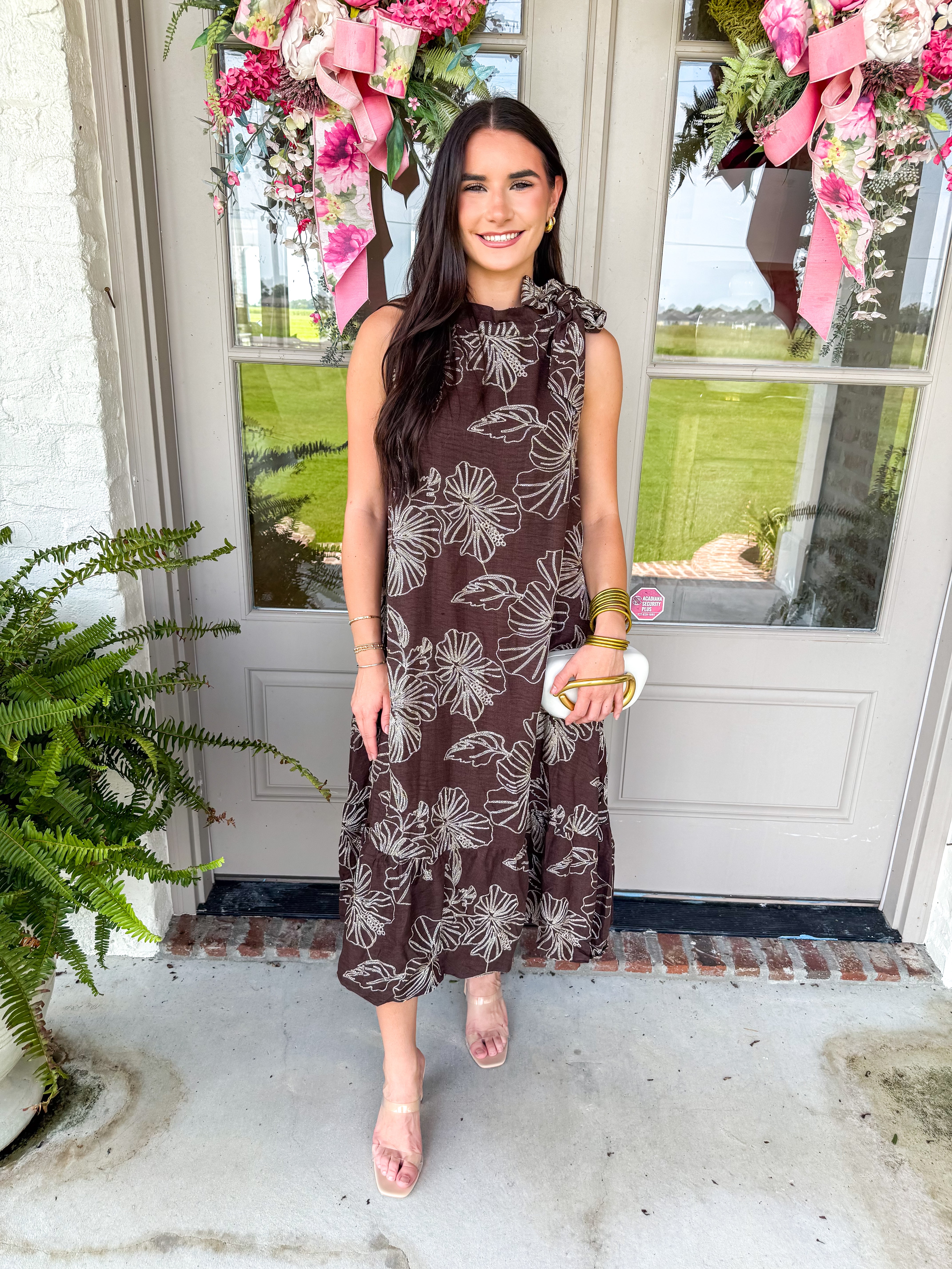 Chocolate Hibiscus Halter Midi Dress
