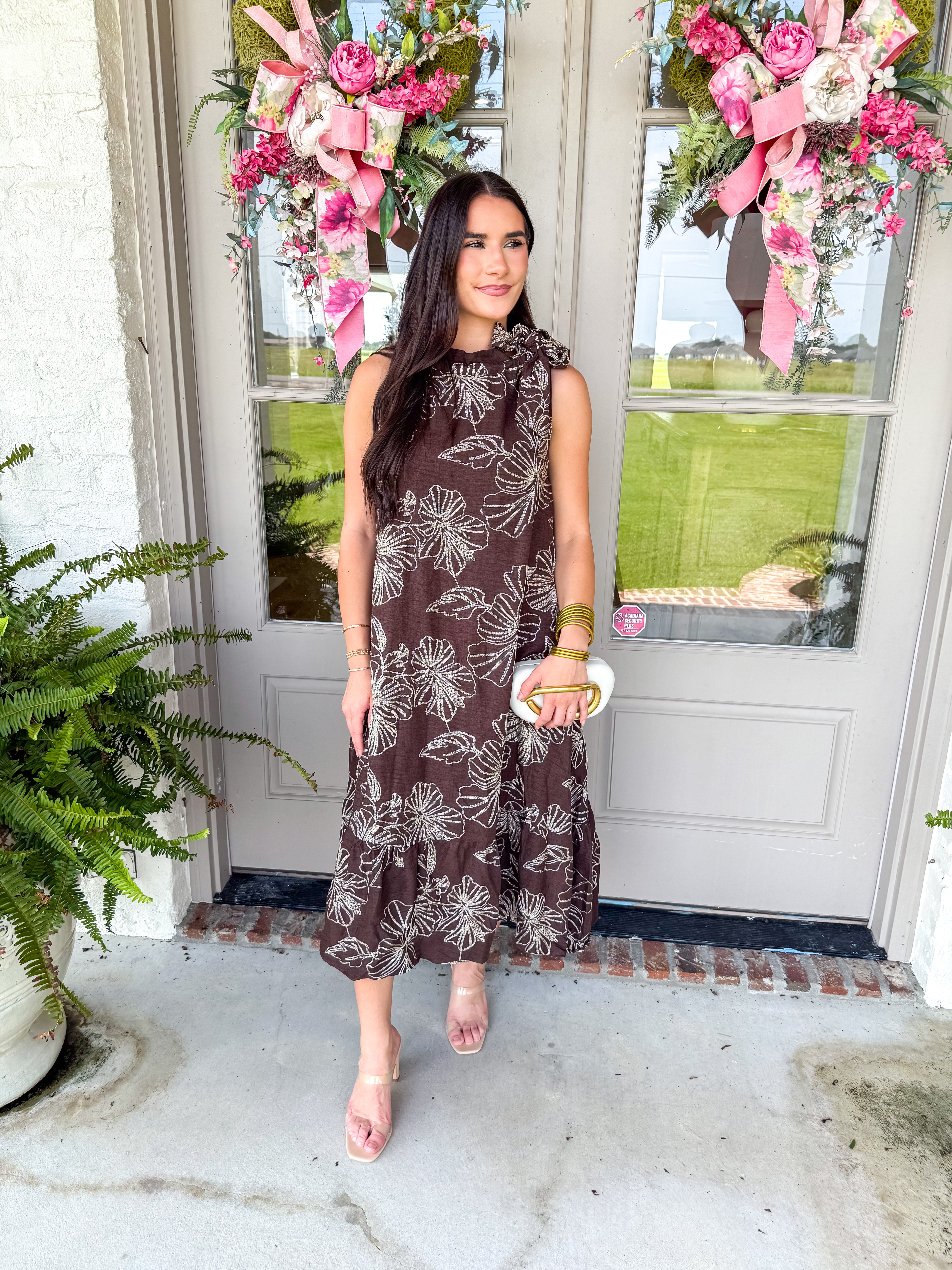 Chocolate Hibiscus Halter Midi Dress