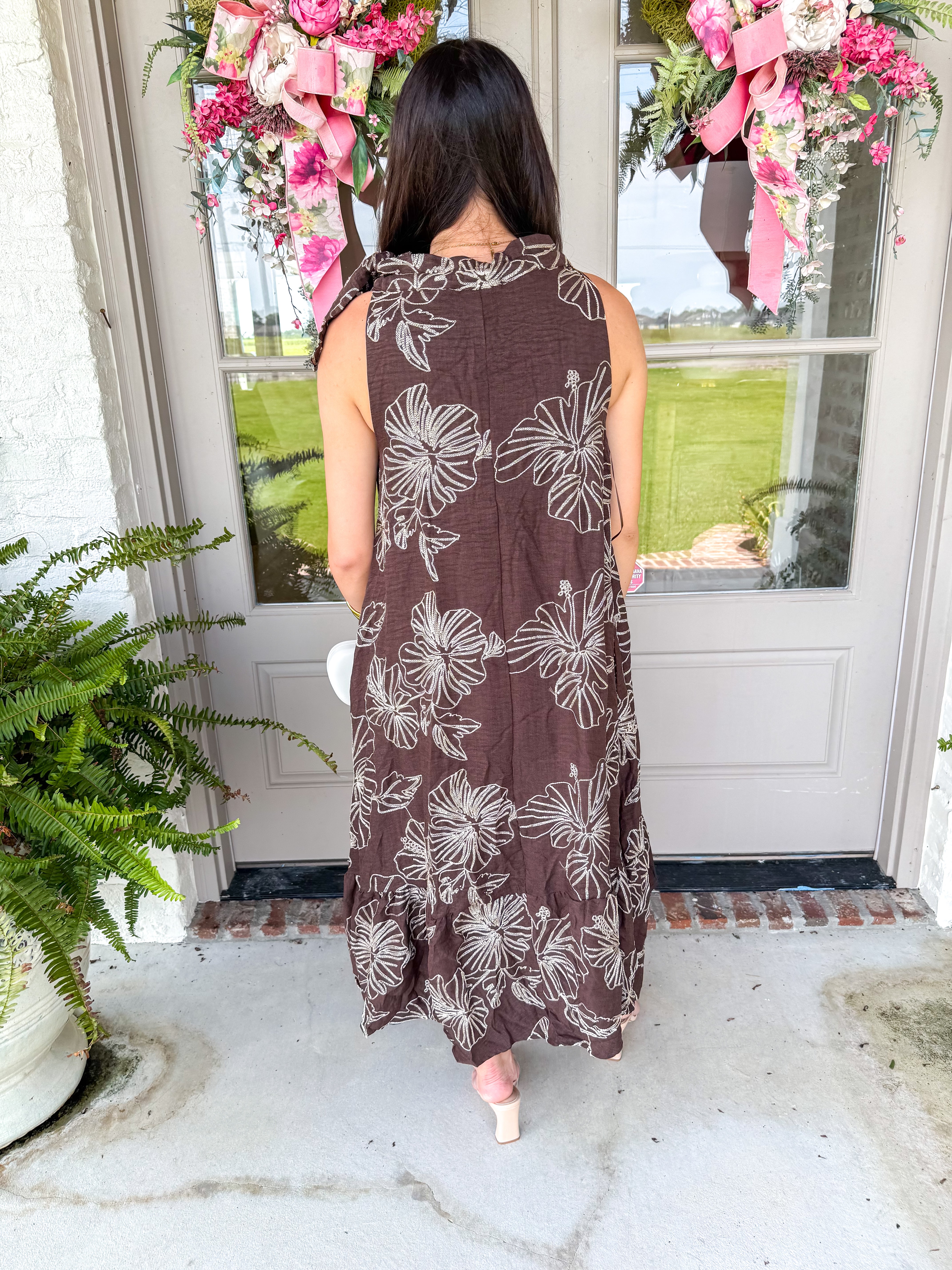 Chocolate Hibiscus Halter Midi Dress