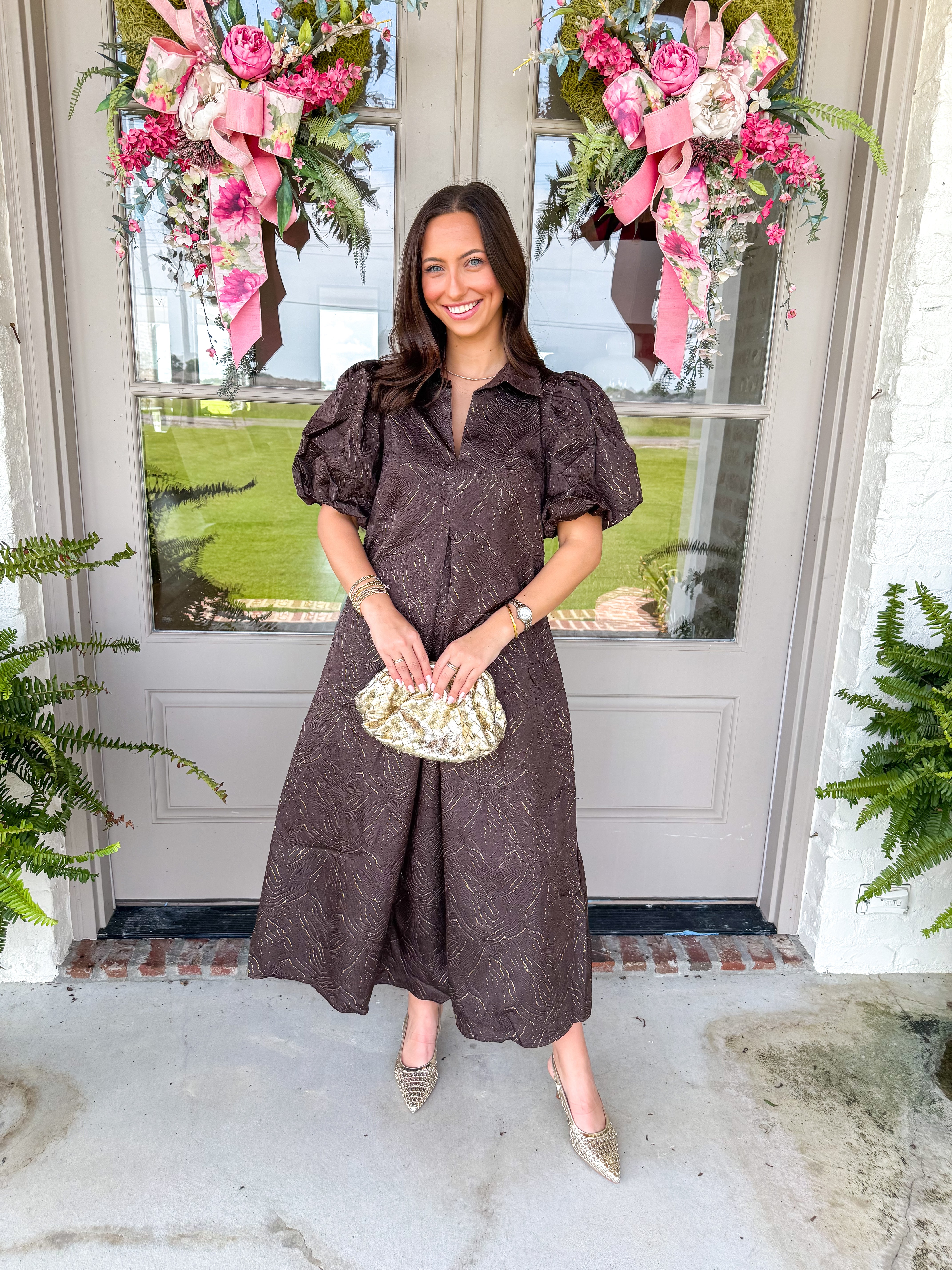 The Chocolate Lurex Puff Sleeve Midi Dress