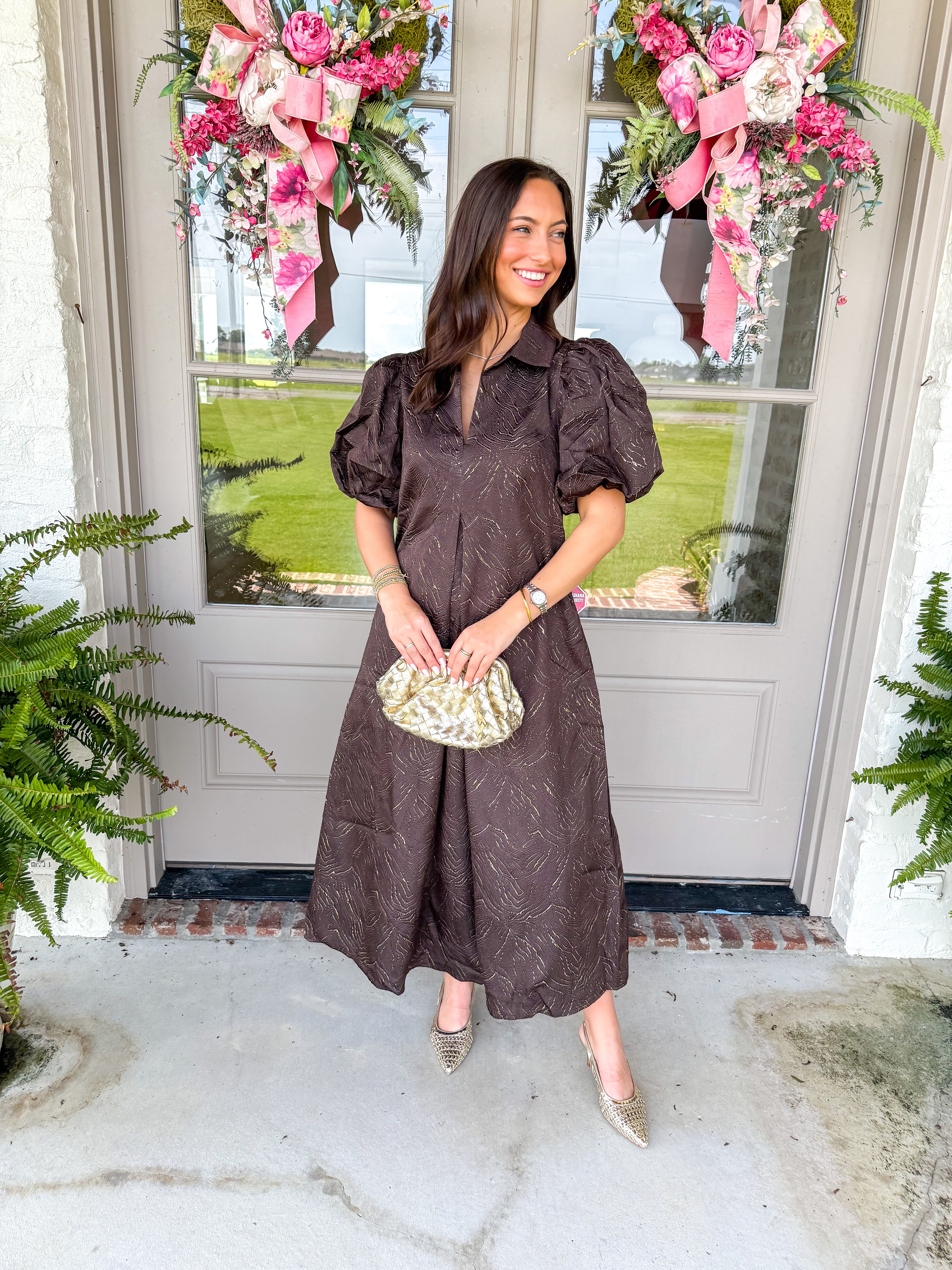 The Chocolate Lurex Puff Sleeve Midi Dress