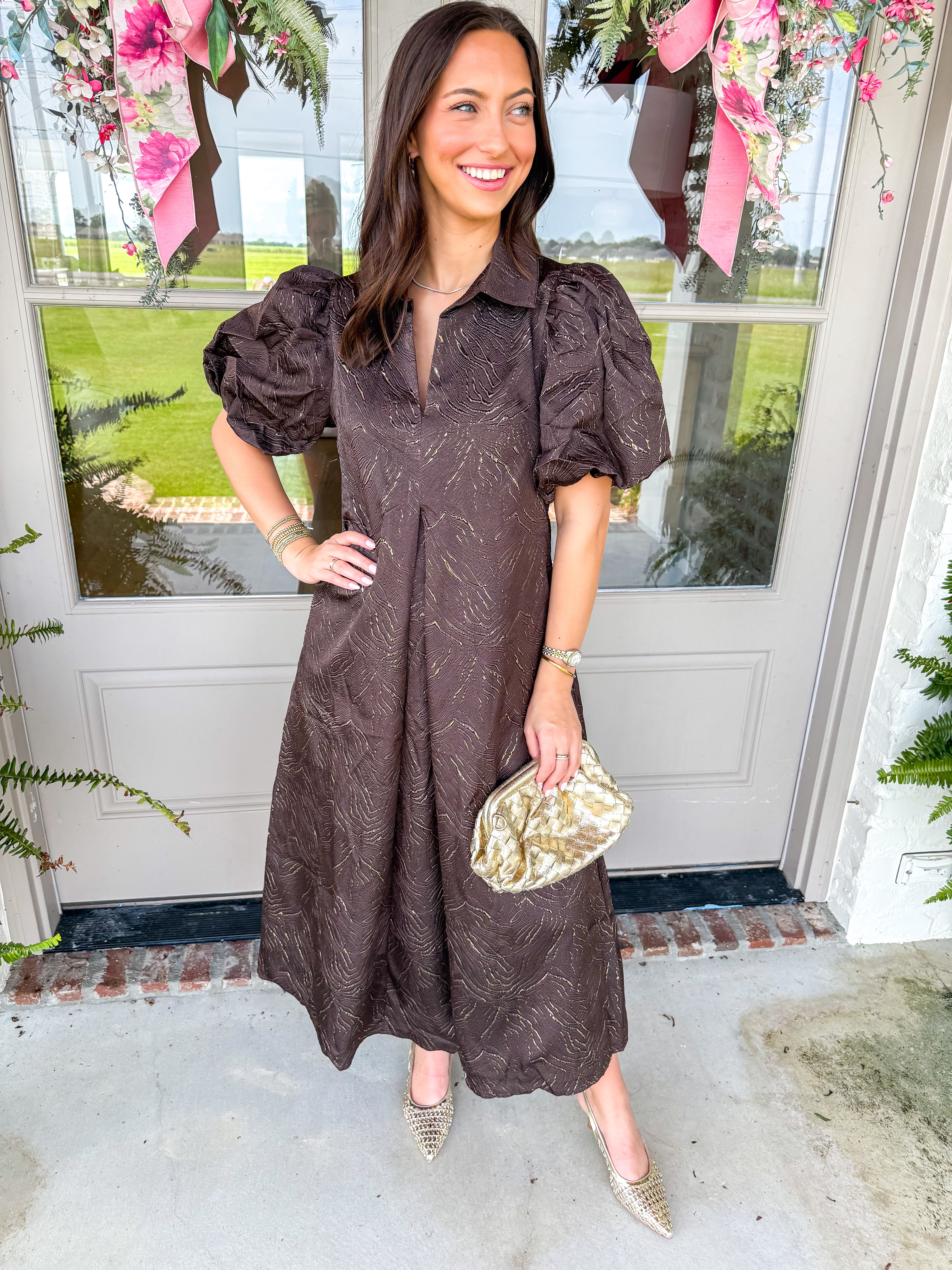 The Chocolate Lurex Puff Sleeve Midi Dress