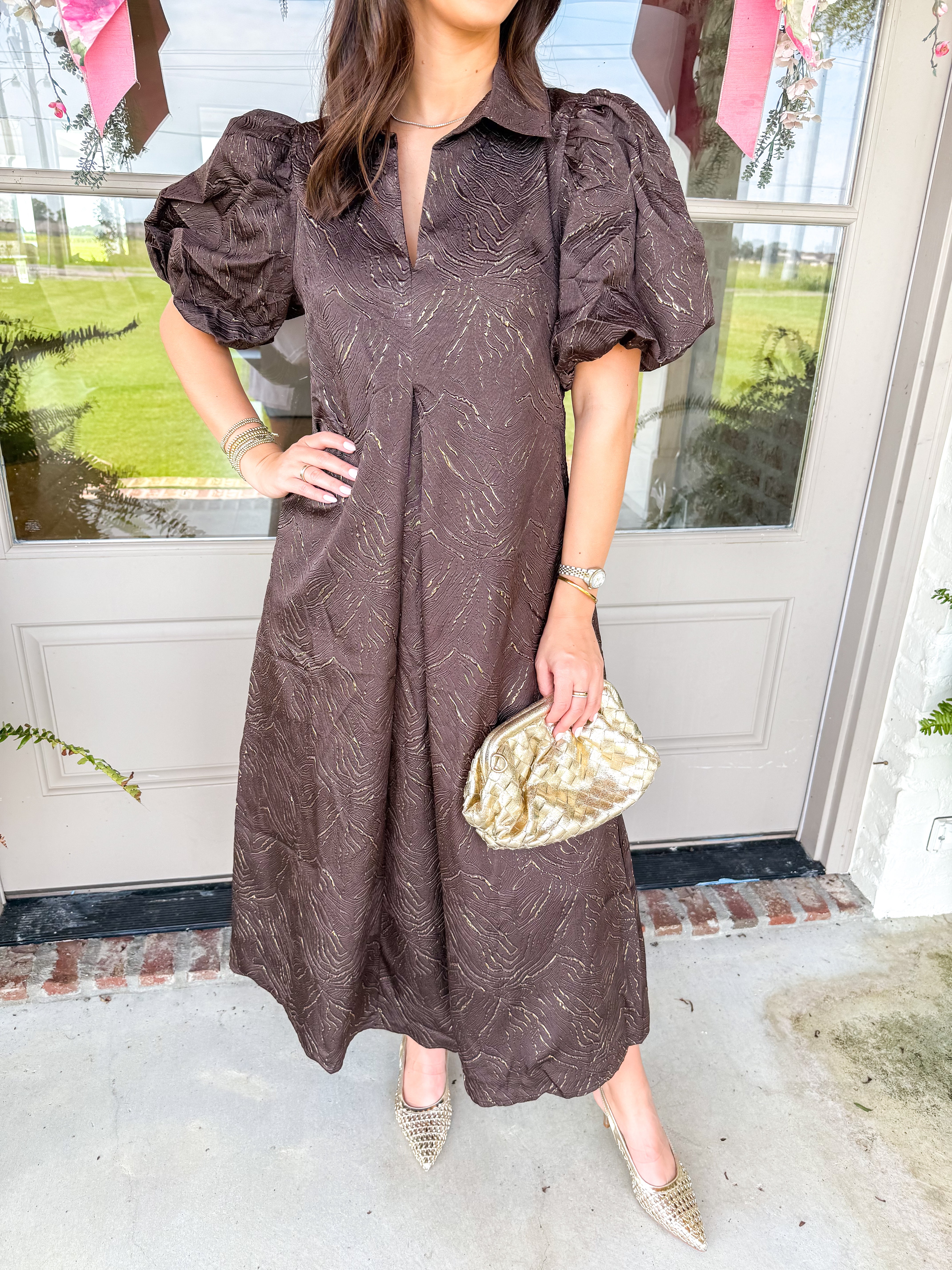 The Chocolate Lurex Puff Sleeve Midi Dress