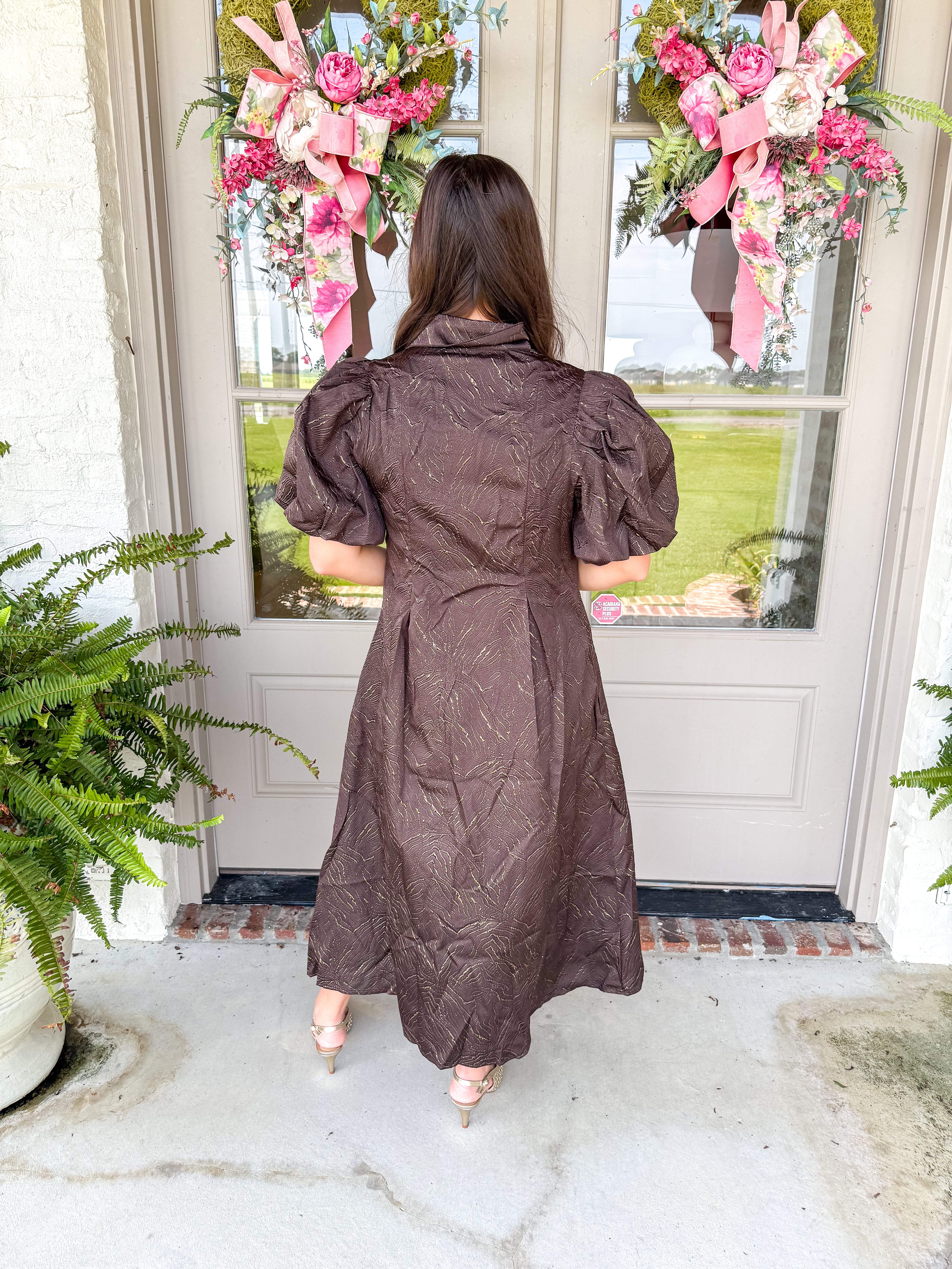 The Chocolate Lurex Puff Sleeve Midi Dress