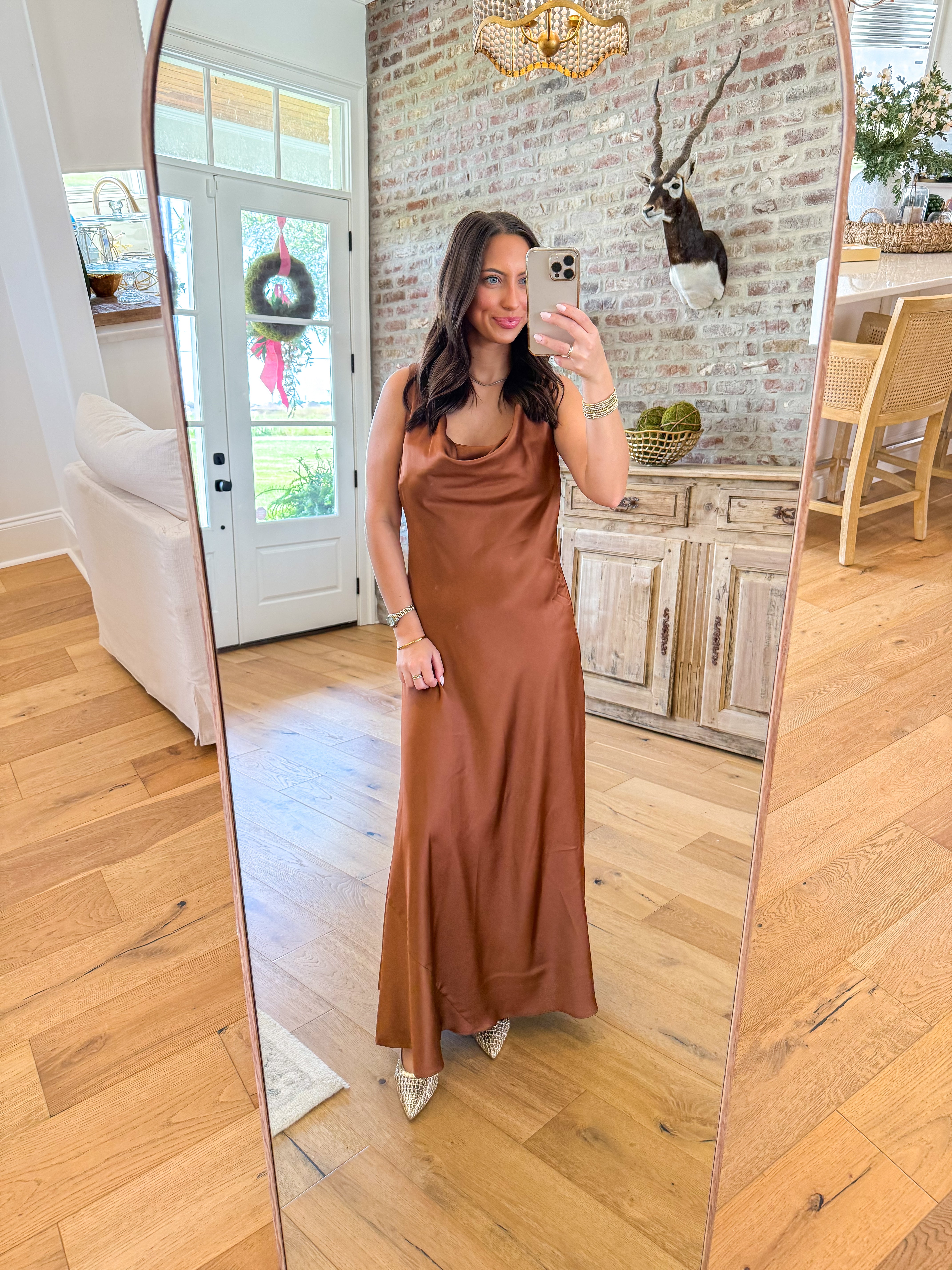 Copper Hour Satin Cowl Maxi Dress