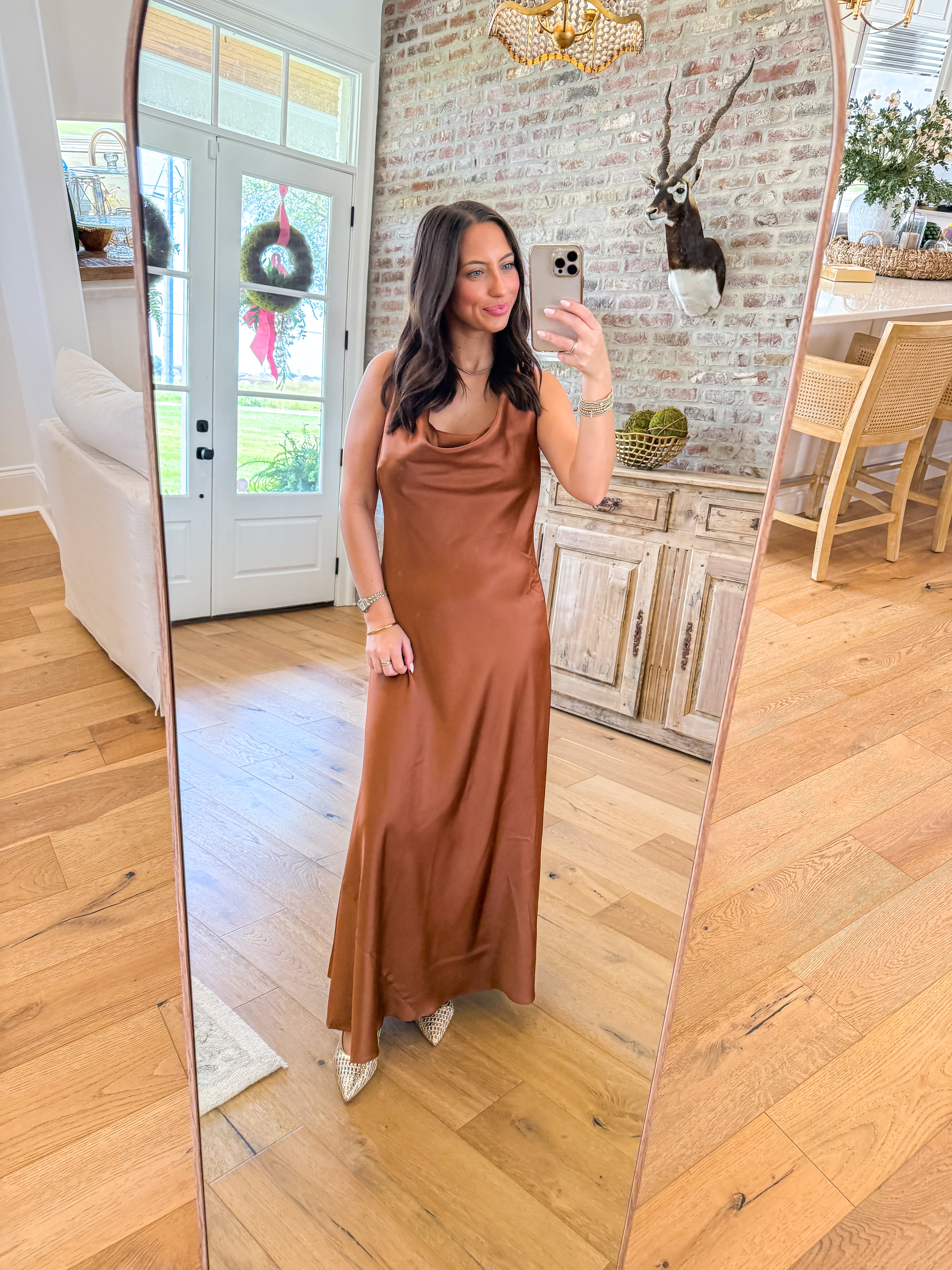 Copper Hour Satin Cowl Maxi Dress
