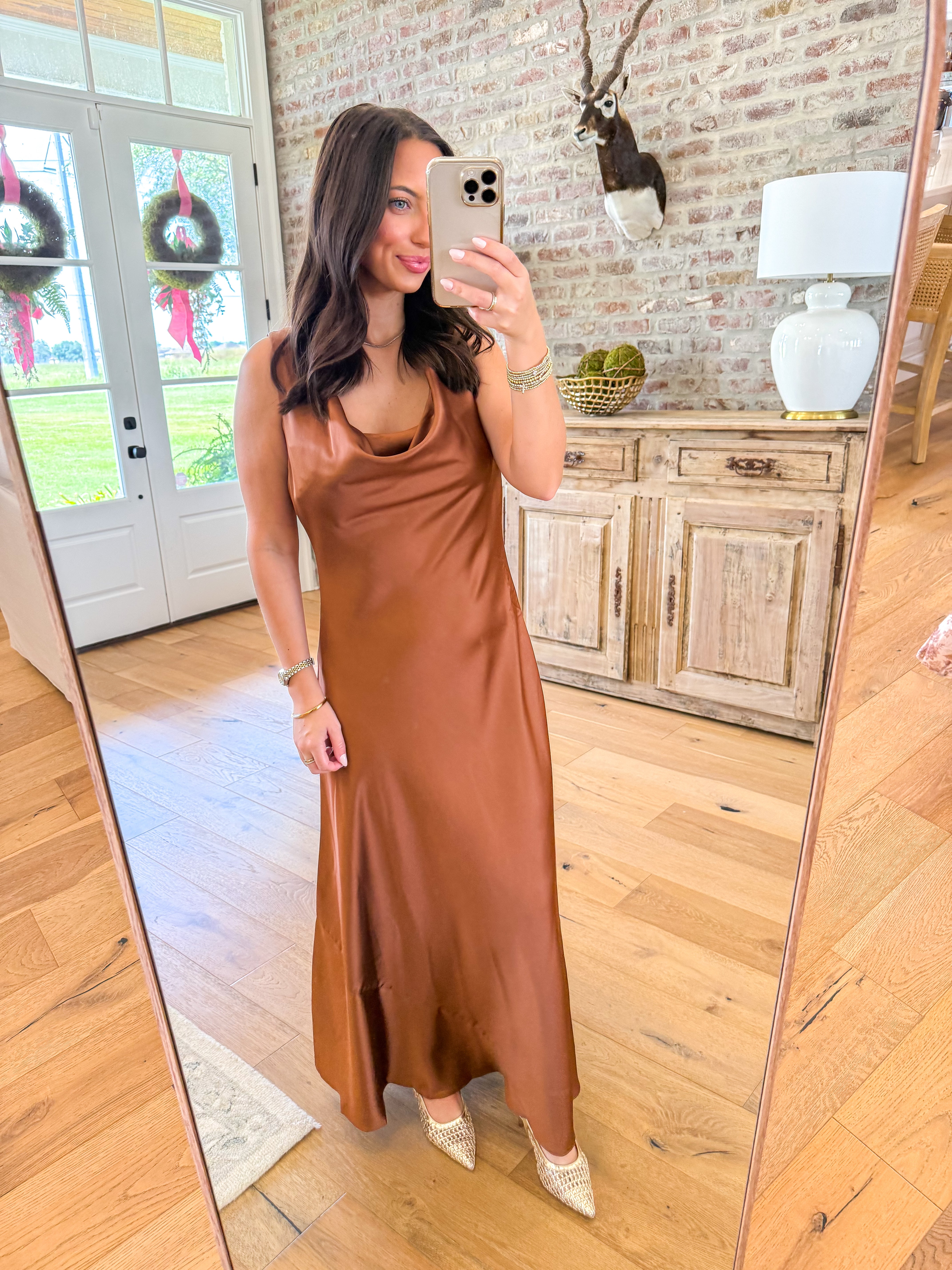 Copper Hour Satin Cowl Maxi Dress