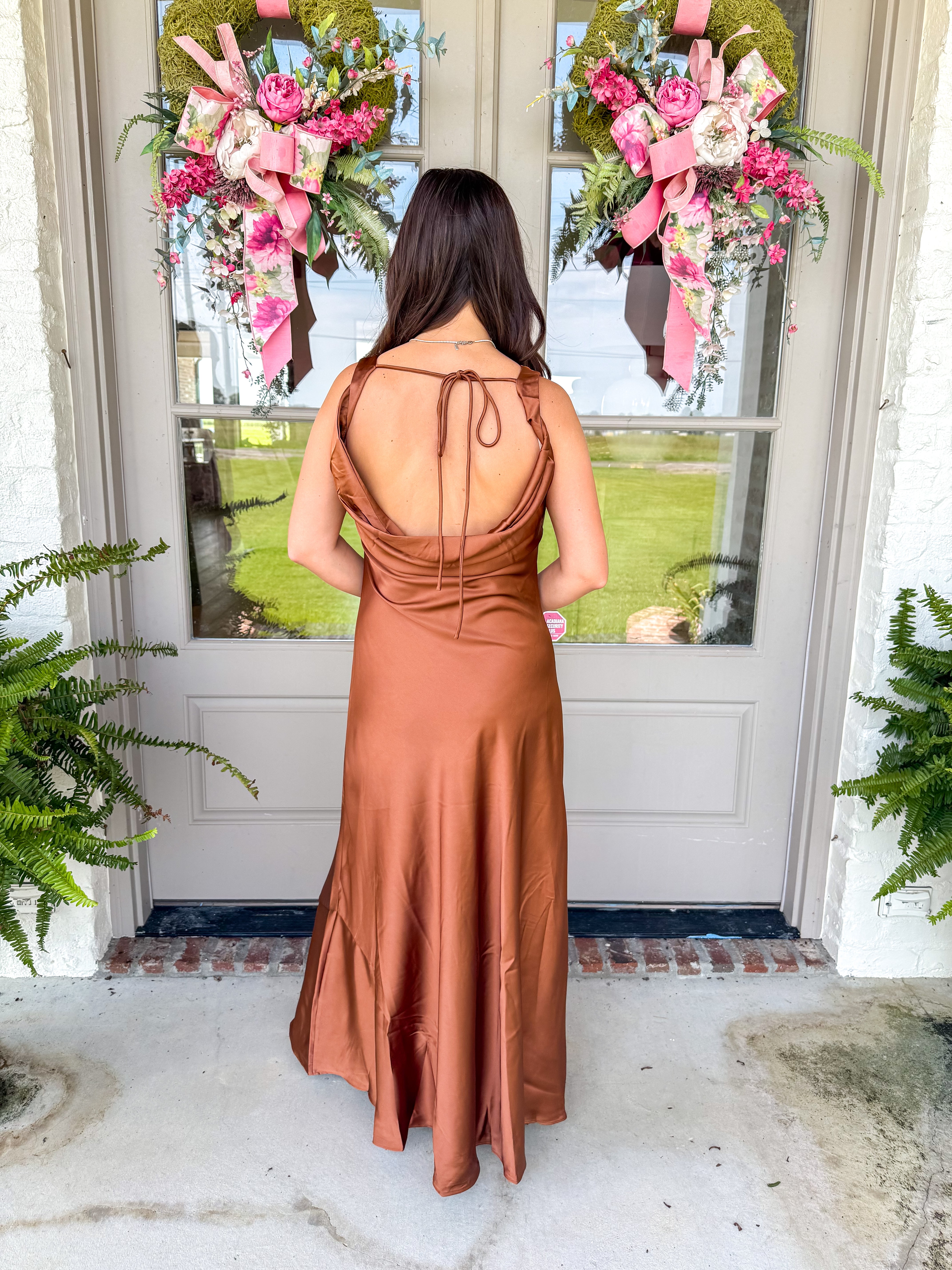 Copper Hour Satin Cowl Maxi Dress