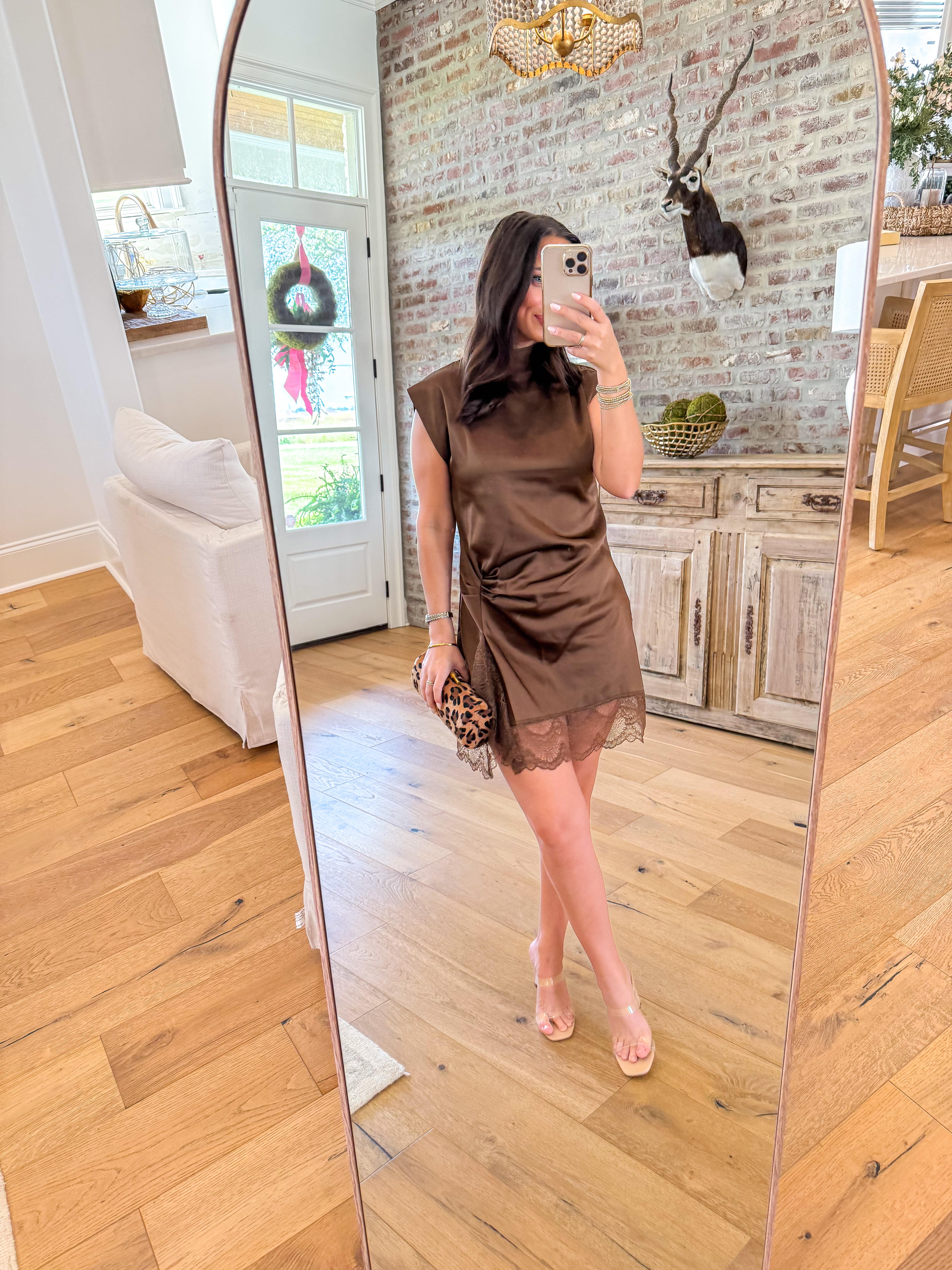 Midnight Satin High-Neck Mini Dress Brown