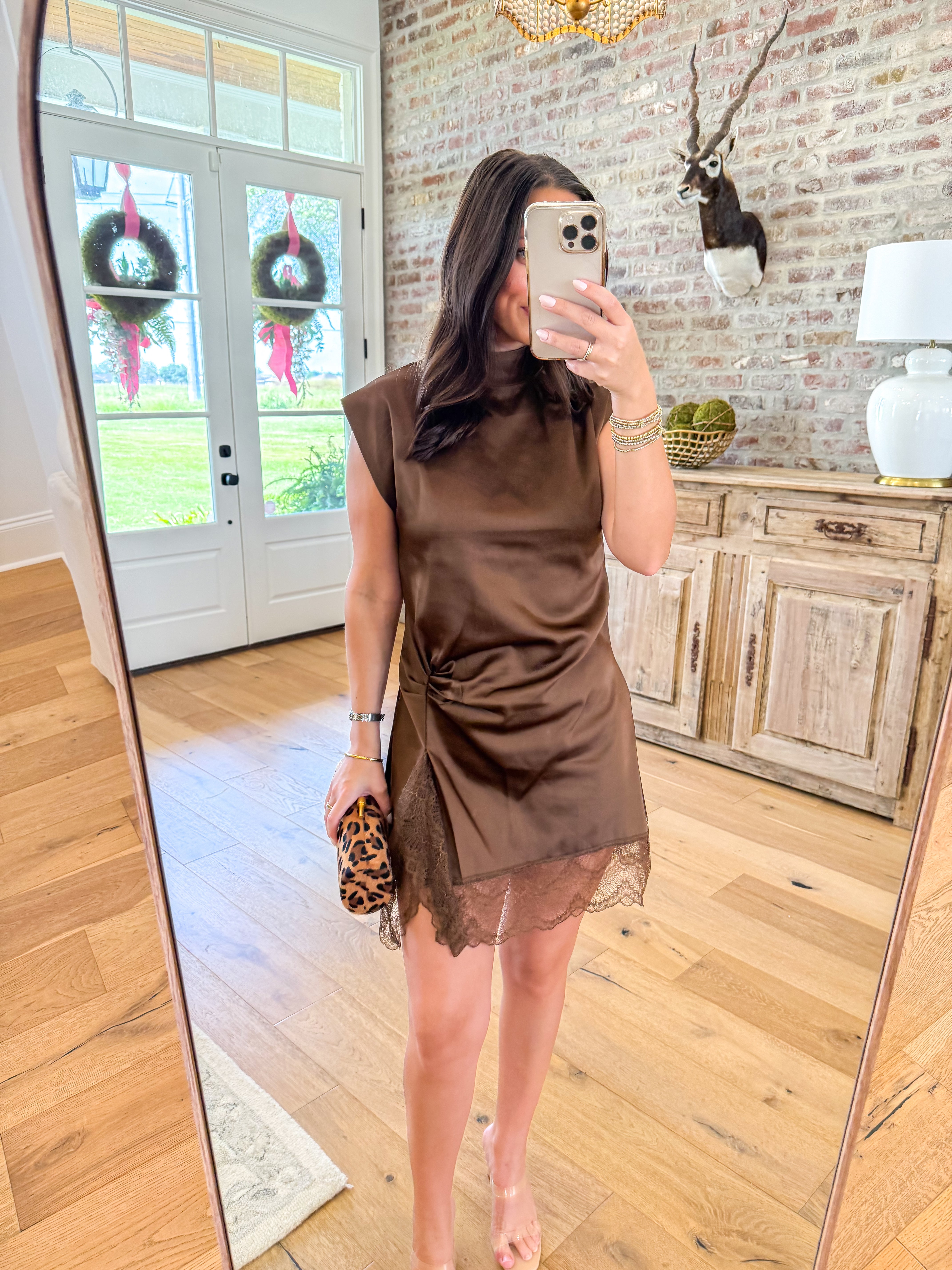 Midnight Satin High-Neck Mini Dress Brown