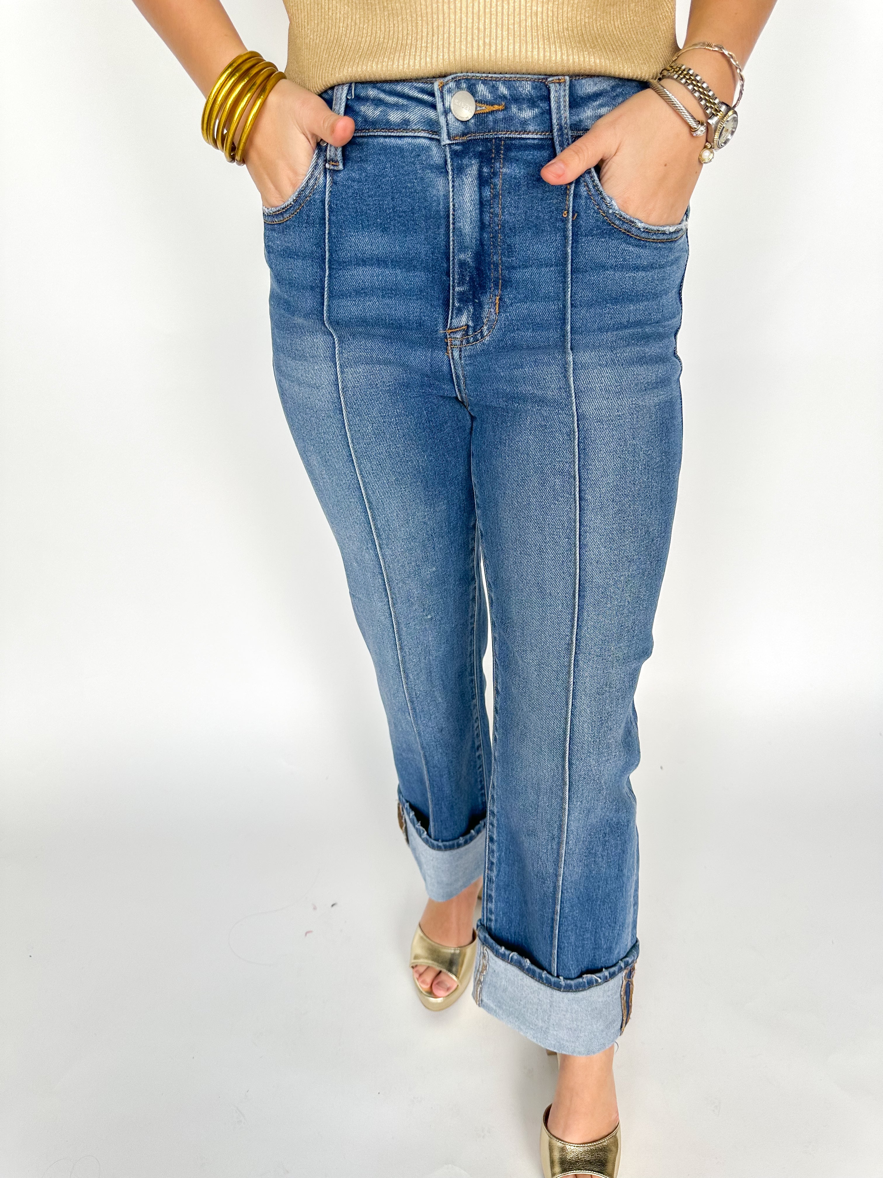 HR Straight Wide Leg Cuffed Medium Denim