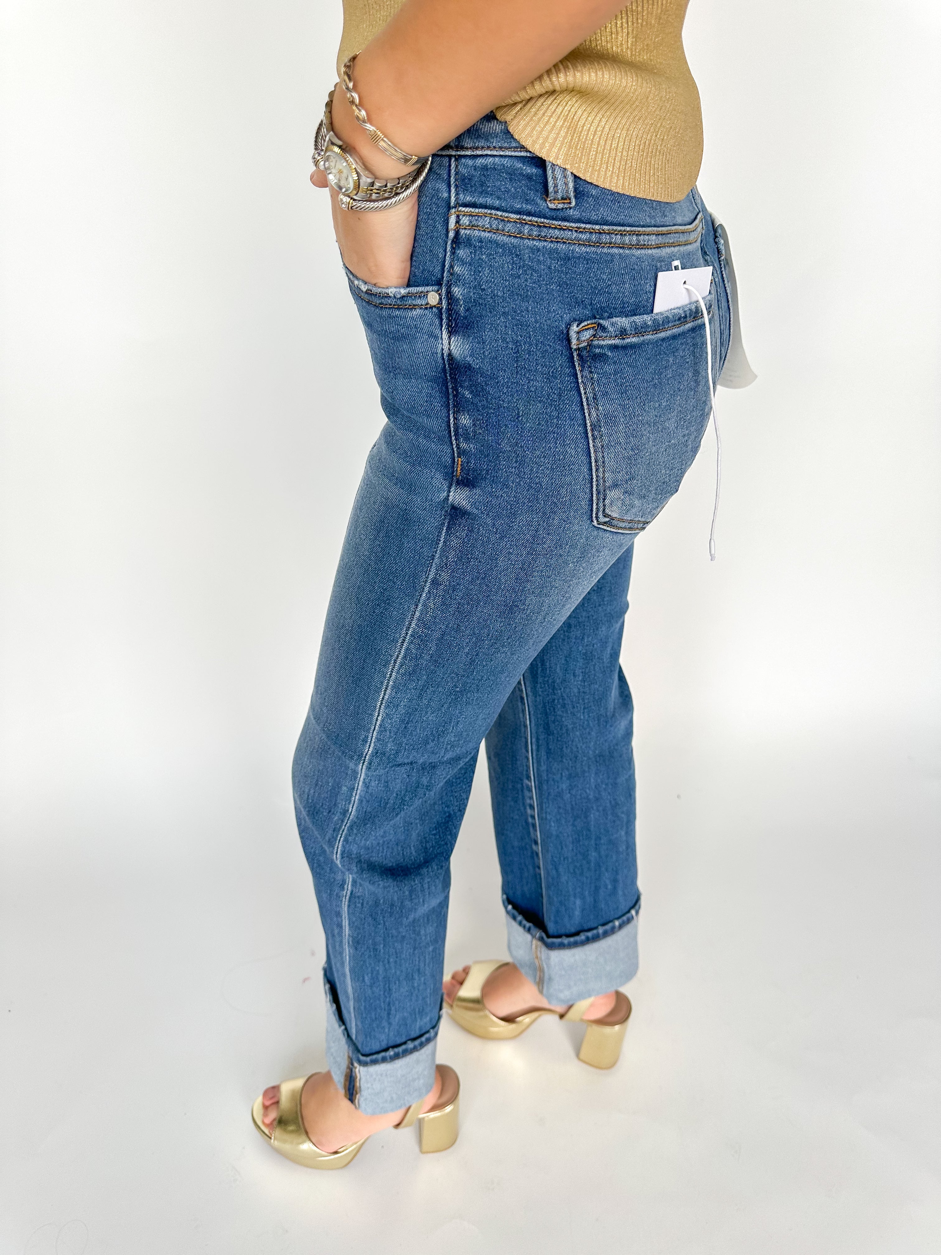 HR Straight Wide Leg Cuffed Medium Denim