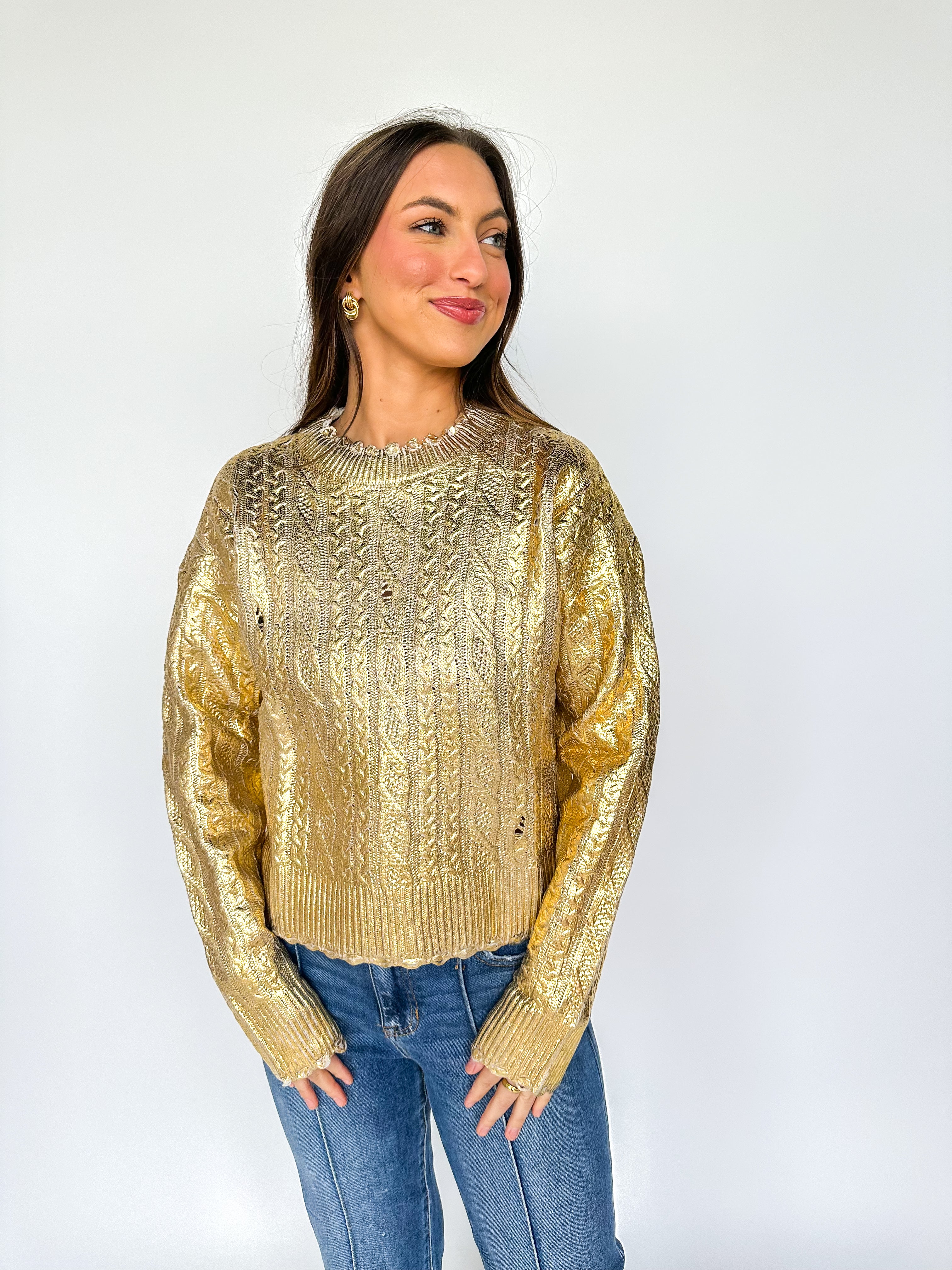 Gold Metallic Cable Sweater