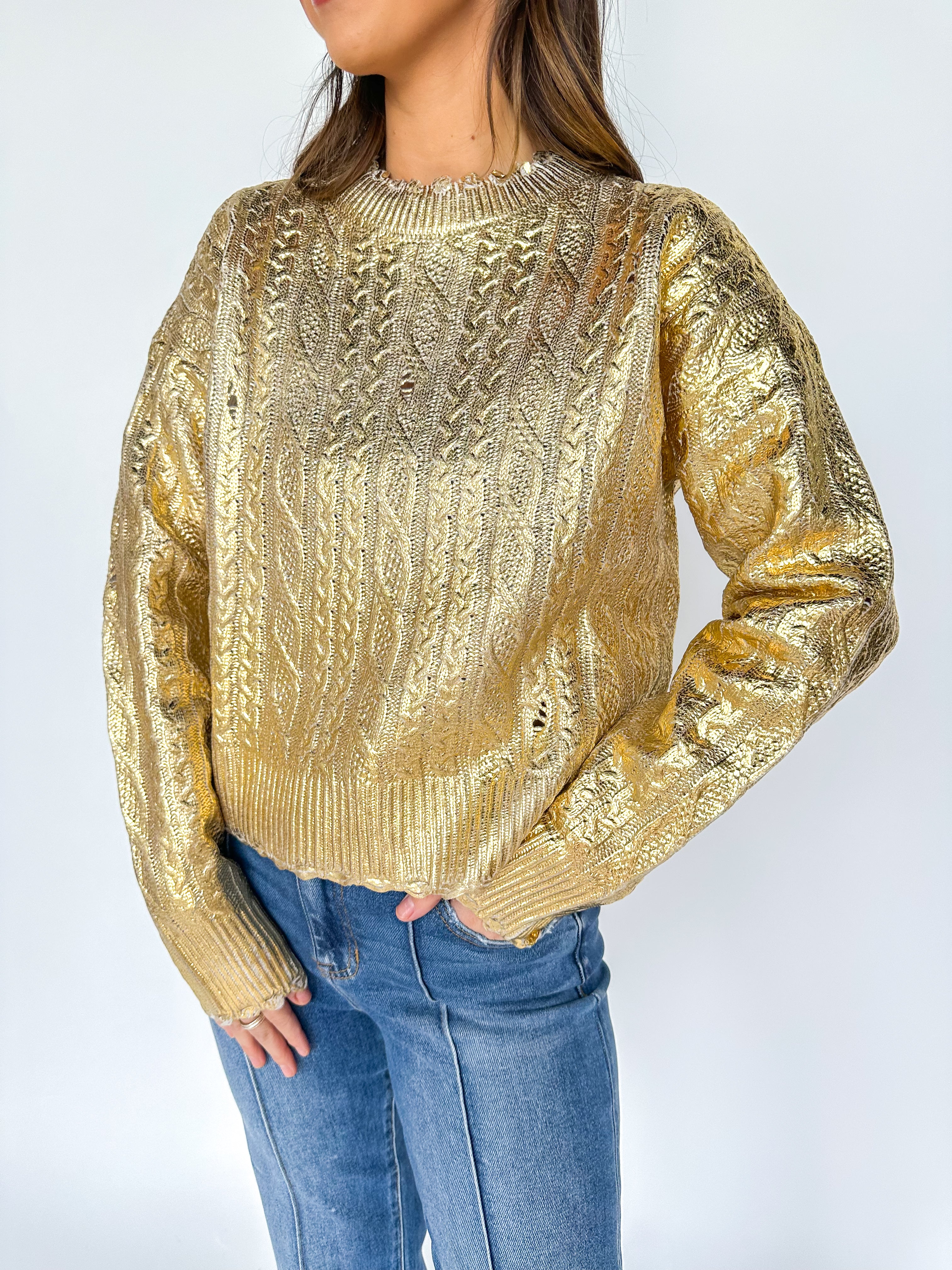 Gold Metallic Cable Sweater