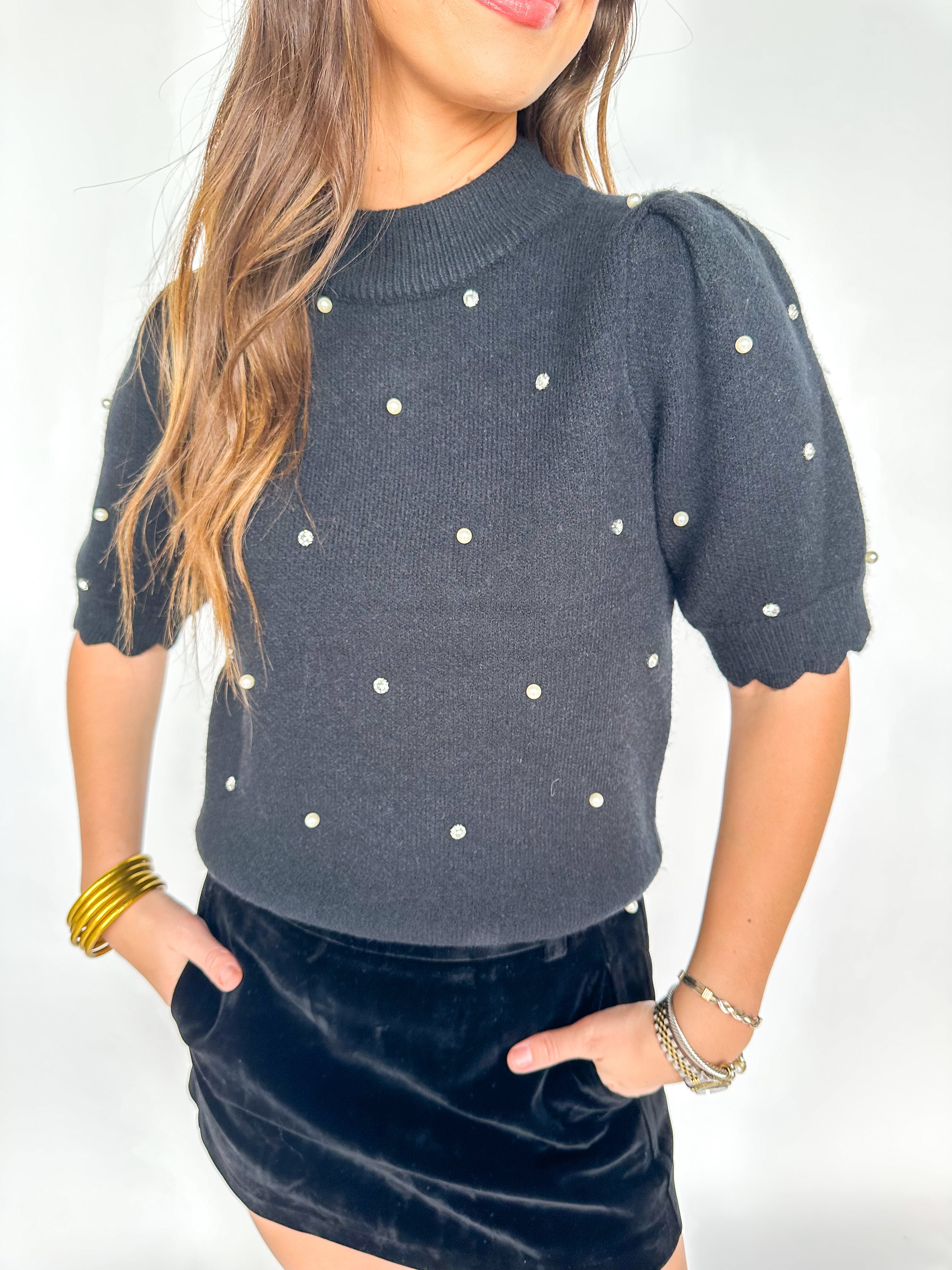 Embellished Scallop Edge Sweater Black