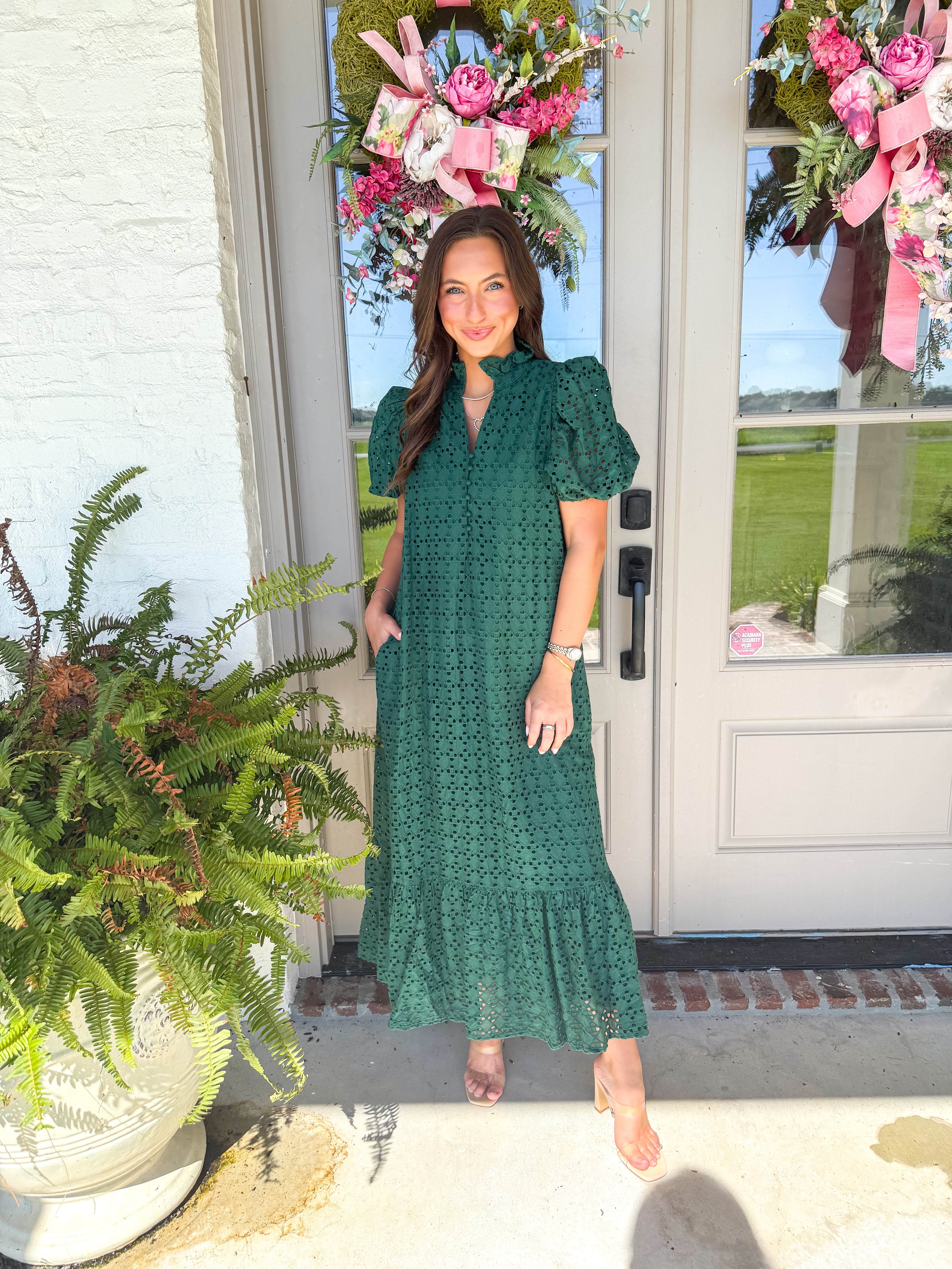 Evelyn Eyelet Midi Dress Hunter Green