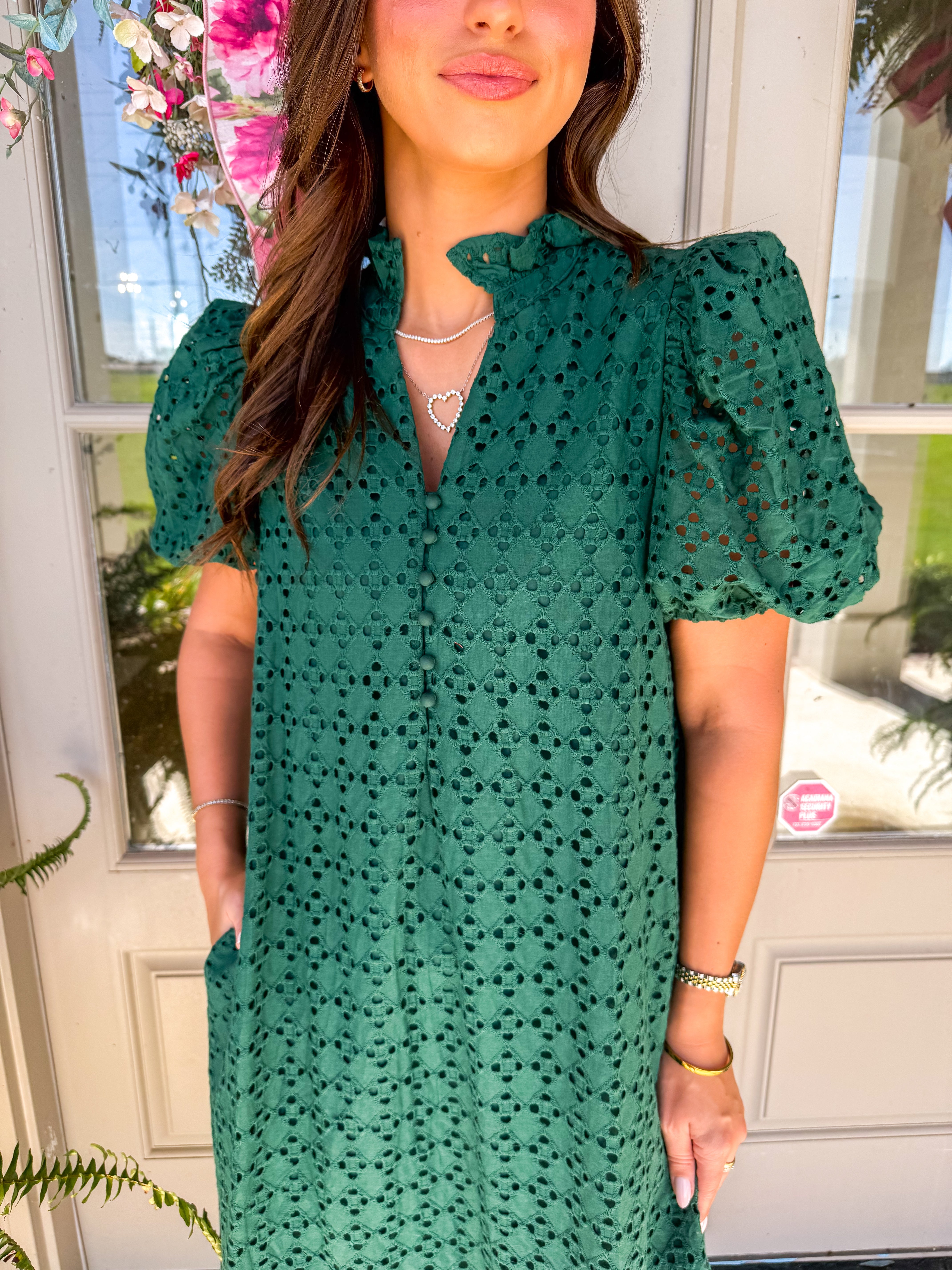 Evelyn Eyelet Midi Dress Hunter Green