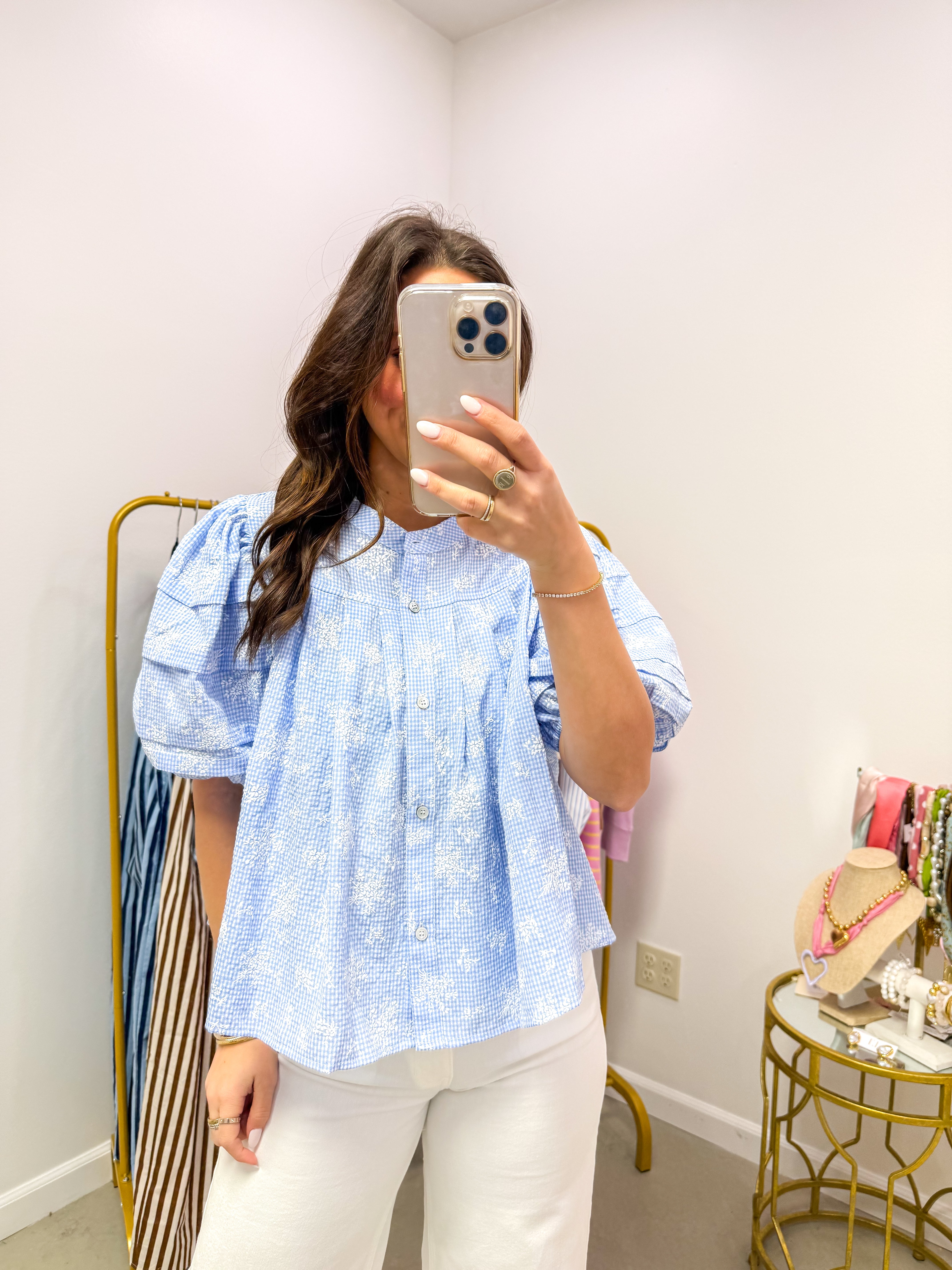 Julia Blue Floral Puff-Sleeve Blouse