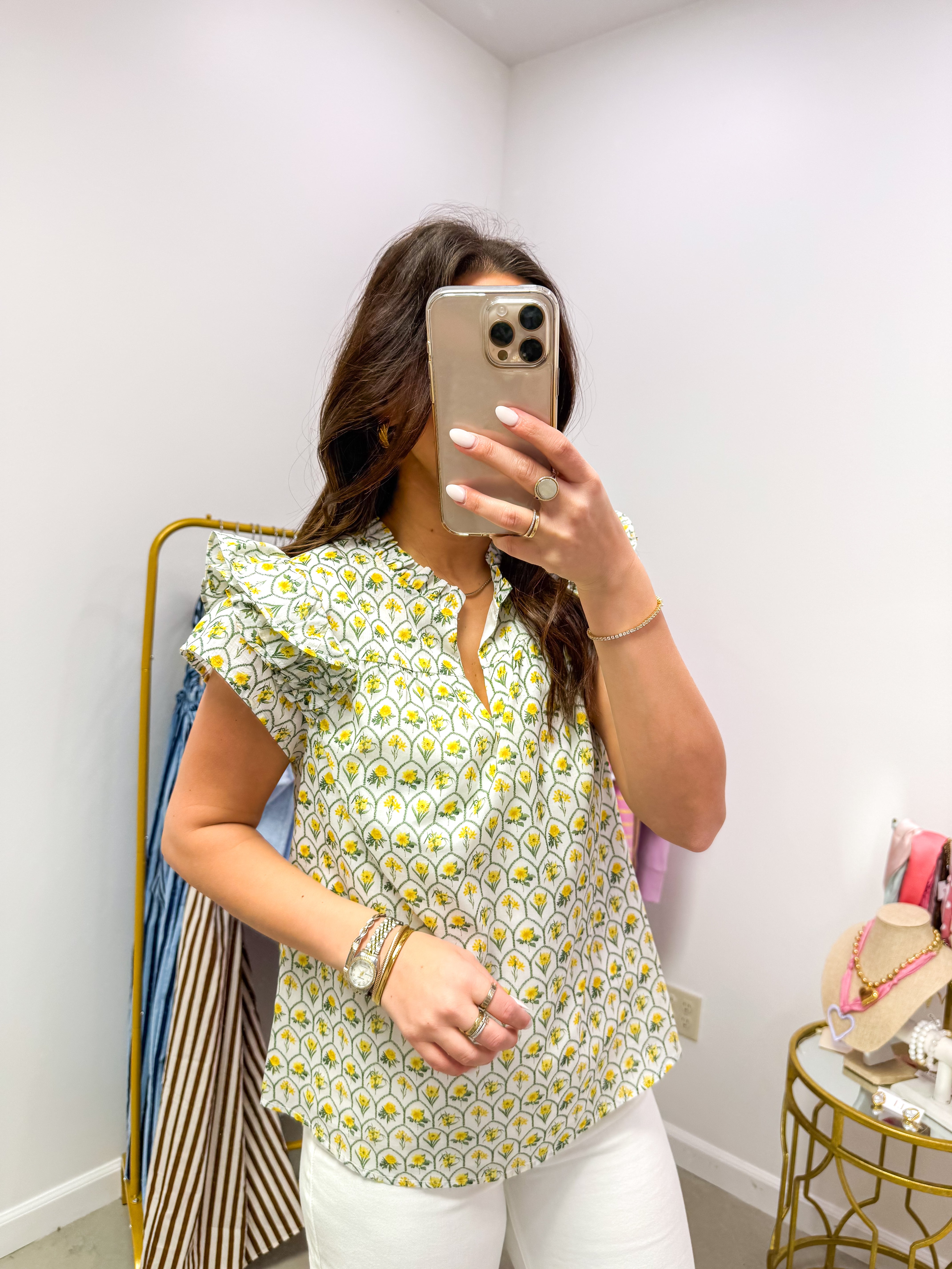 Trinny Medallion Ramona Ruffle Split Neck Top