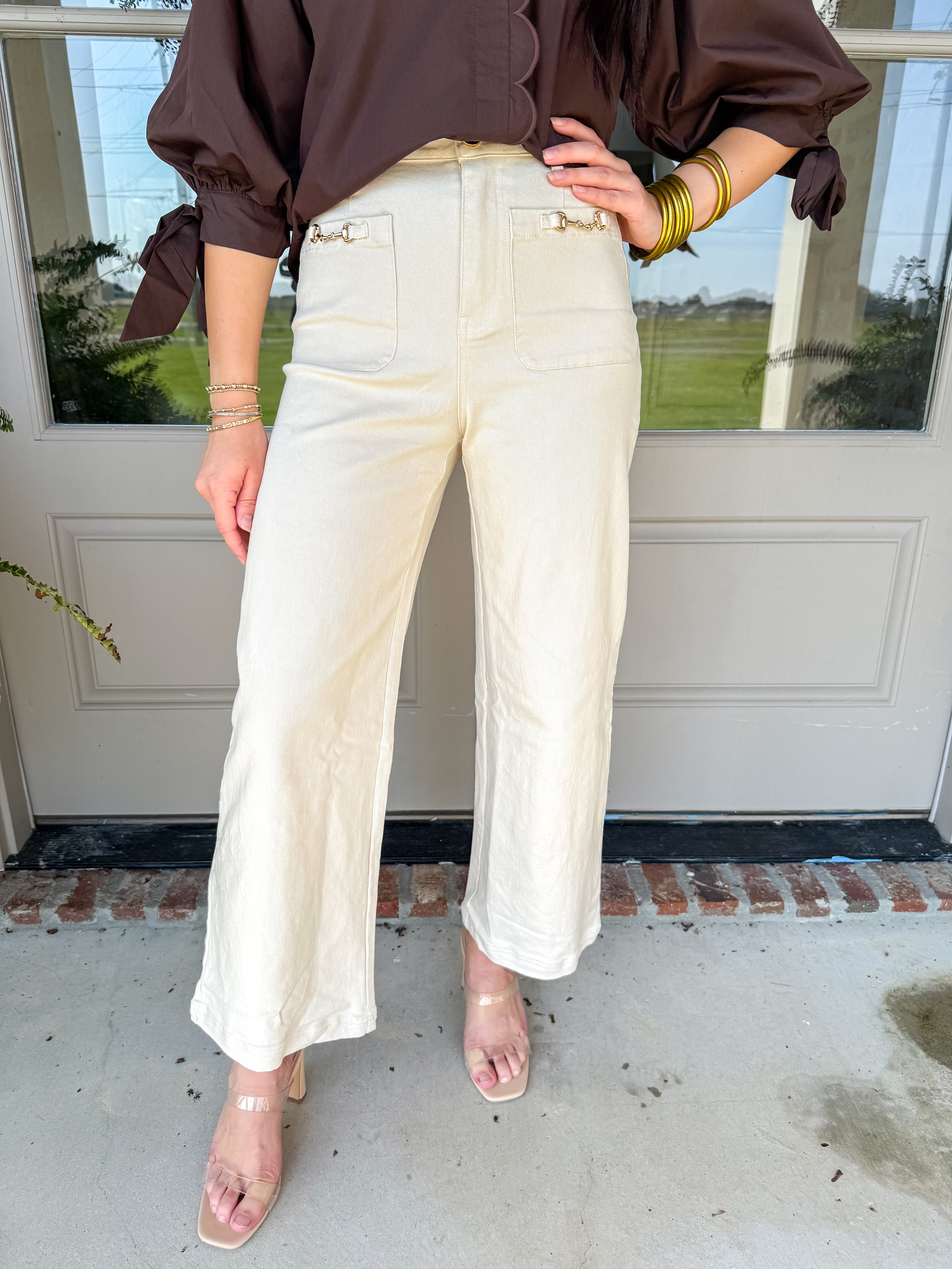 Saddle Up Cream Wide-Leg High-Waisted Jeans