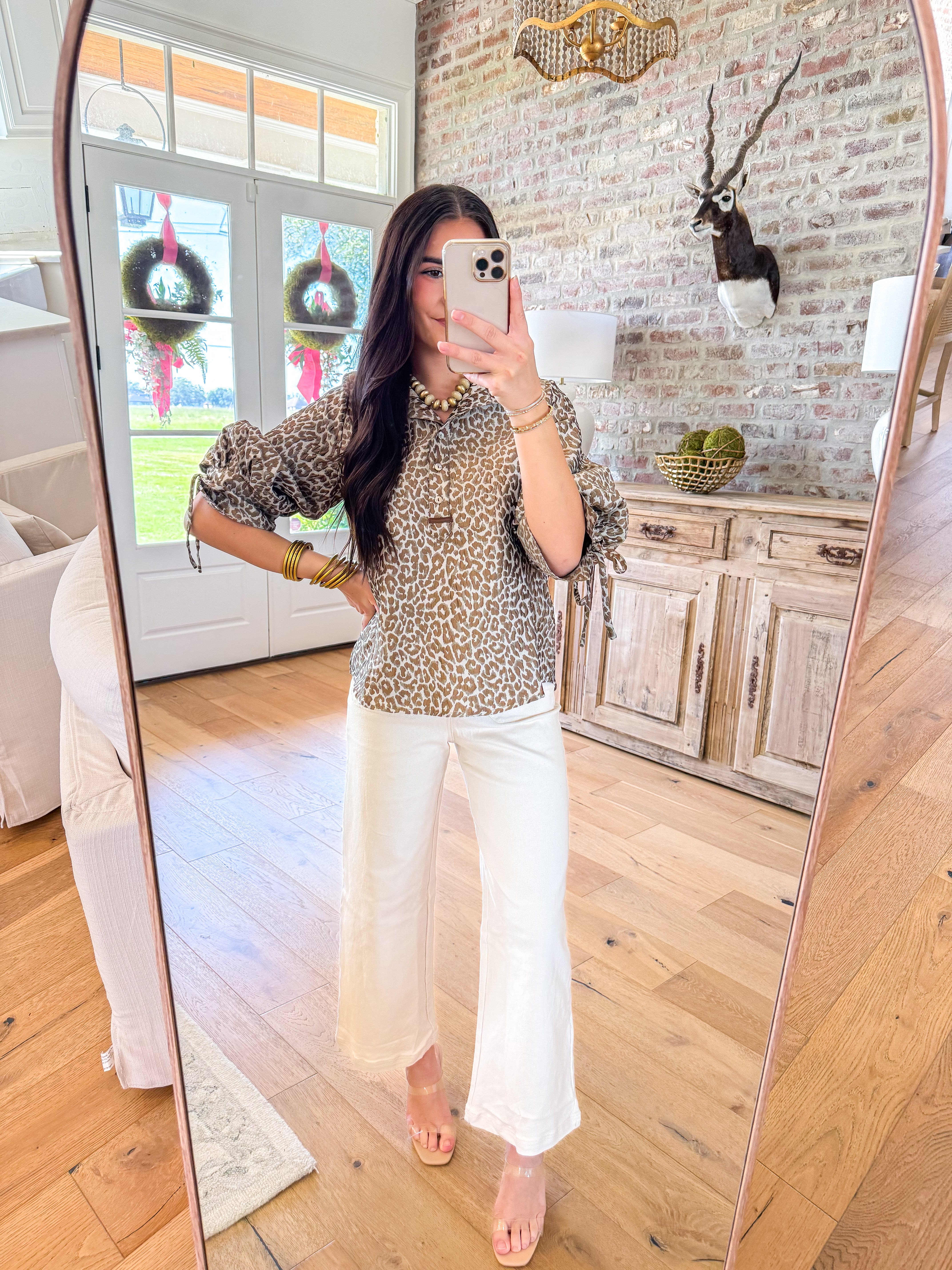 Tie-Cuff Puff Sleeve Leopard Jacquard Top