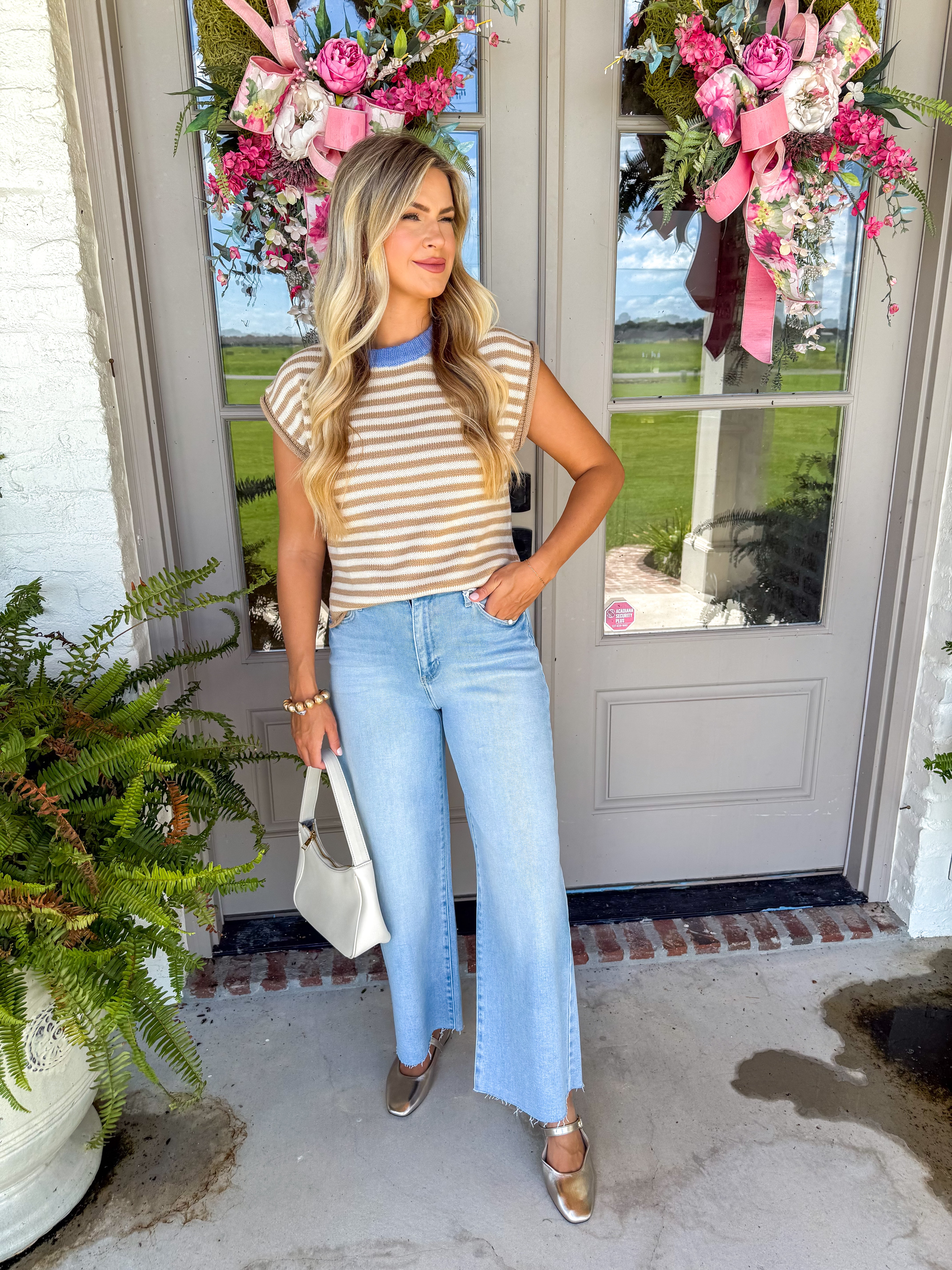 Taupe Striped Knit Sweater Vest