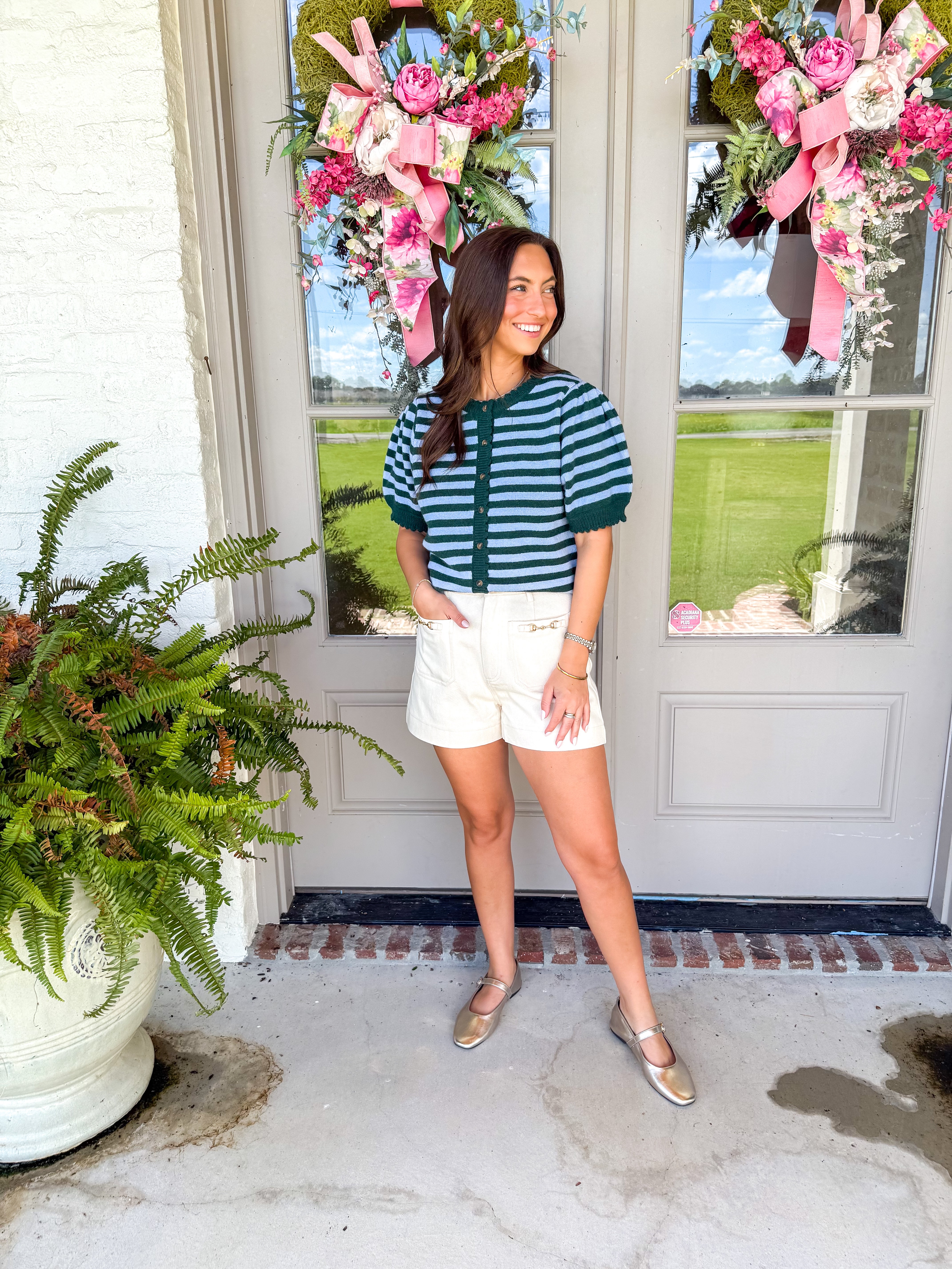 Scalloped Stripe Cardigan Hunter Green/Blue