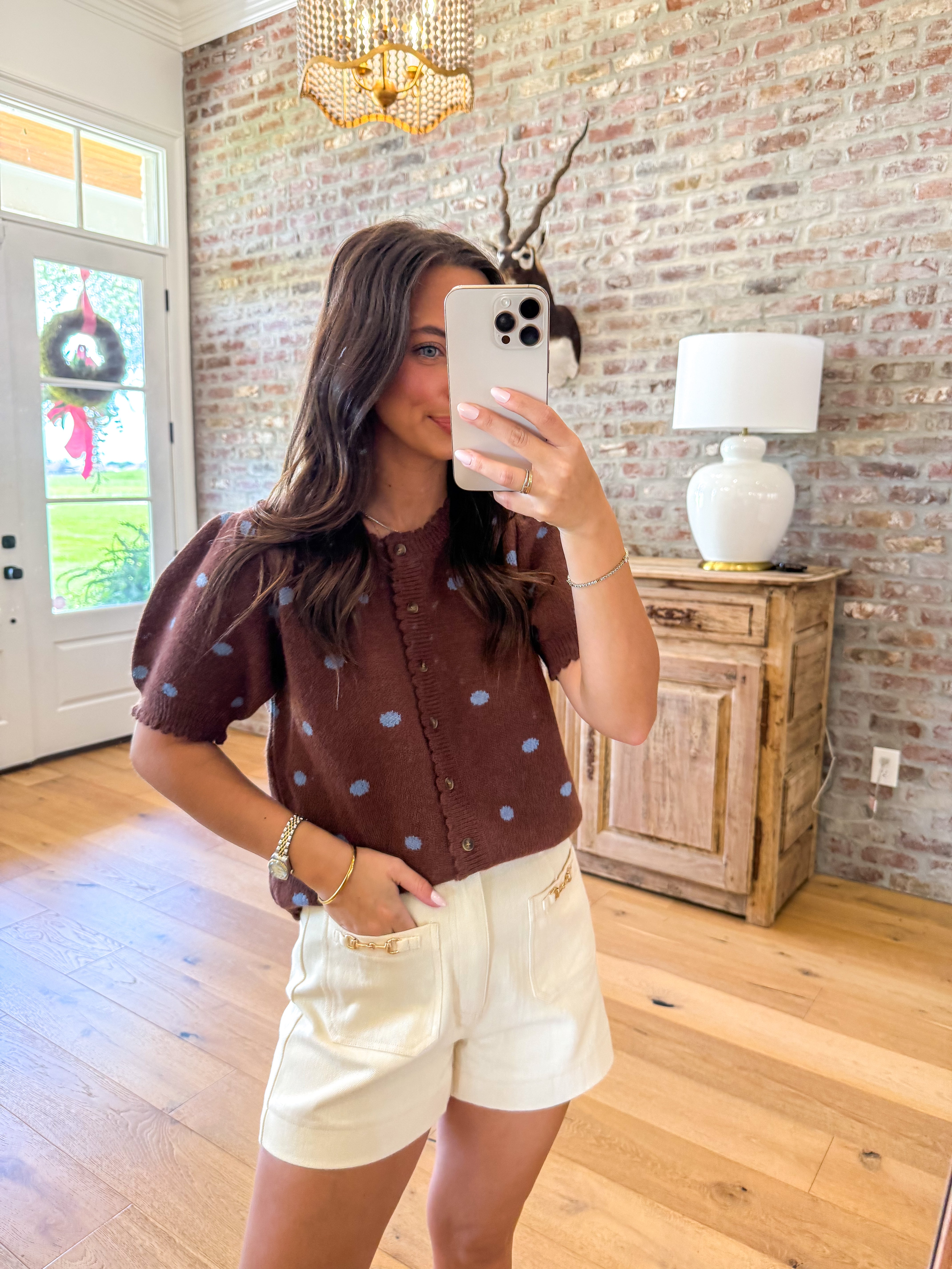 Brown Polka Dot Puff Sleeve Cardigan