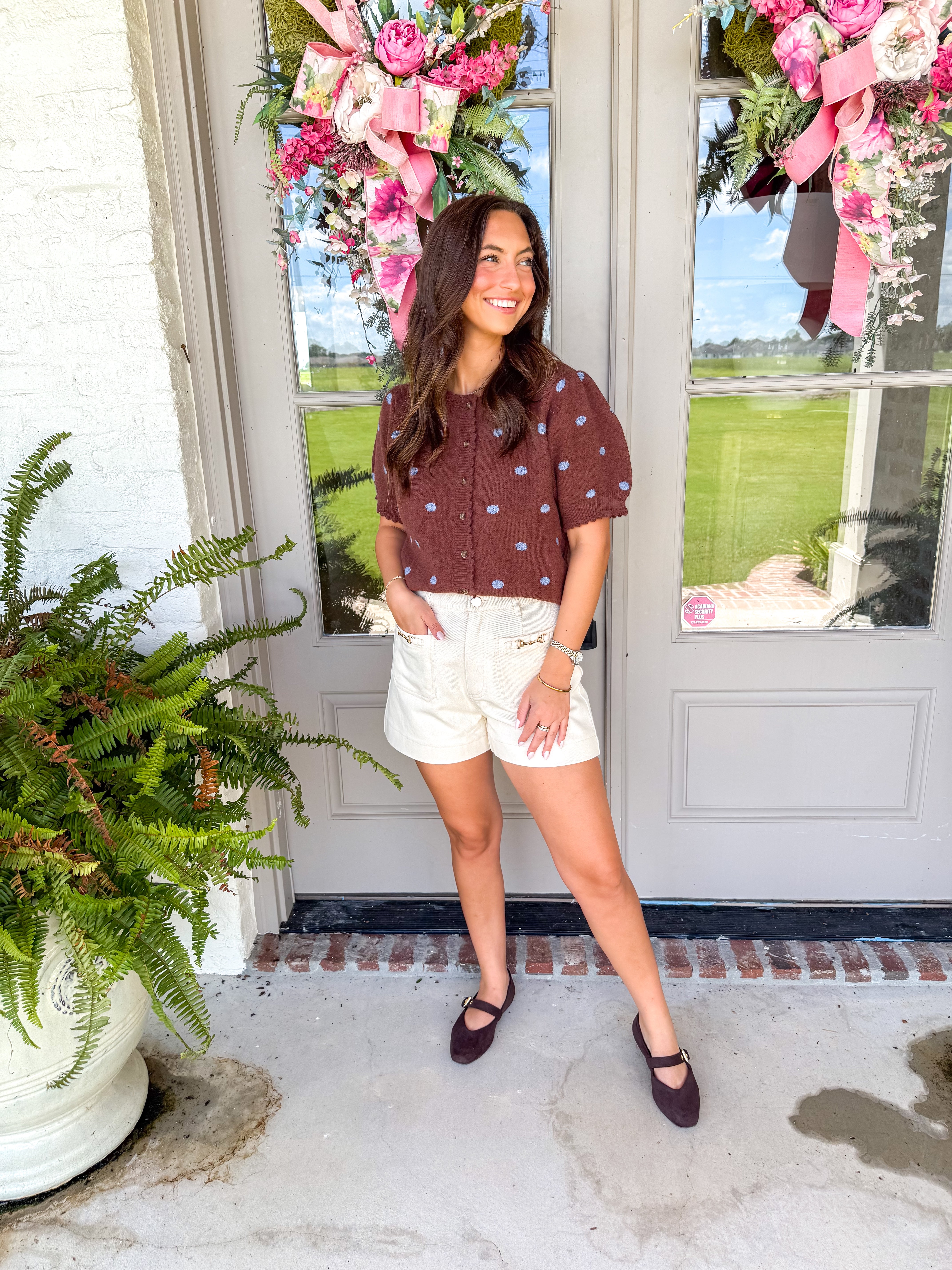 Brown Polka Dot Puff Sleeve Cardigan