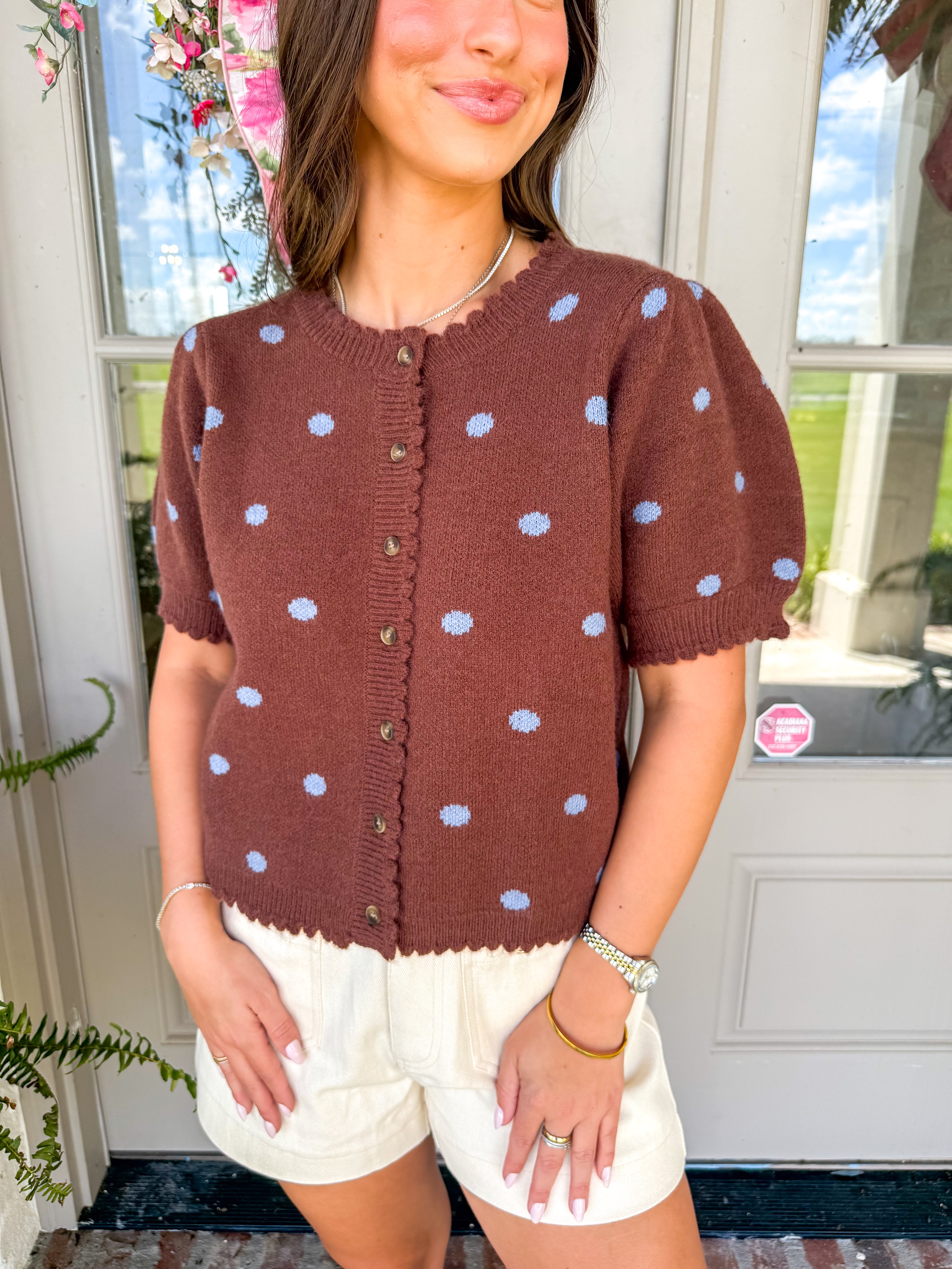 Brown Polka Dot Puff Sleeve Cardigan