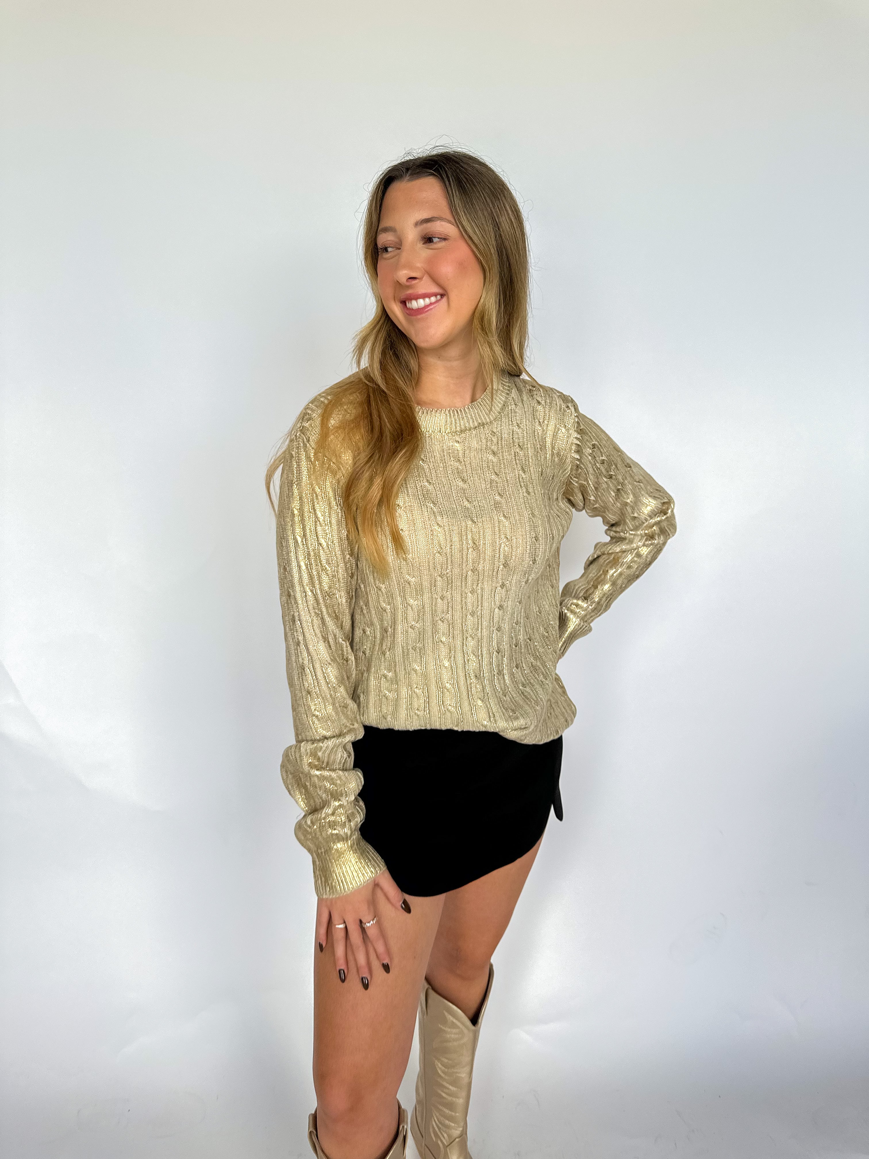 Gold Foil Cable Knit Sweater