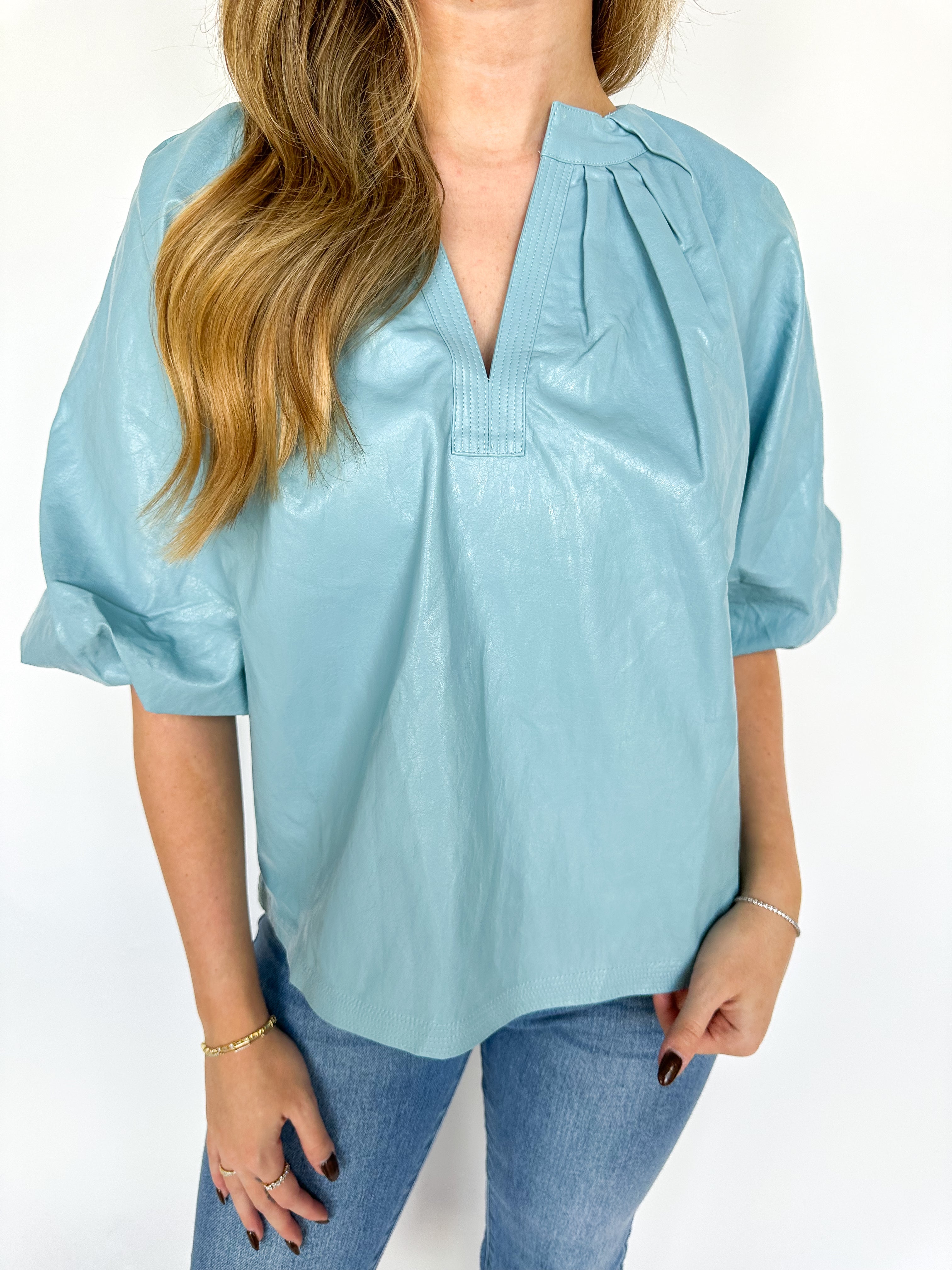 Light Blue Puff Sleeve Leather Top