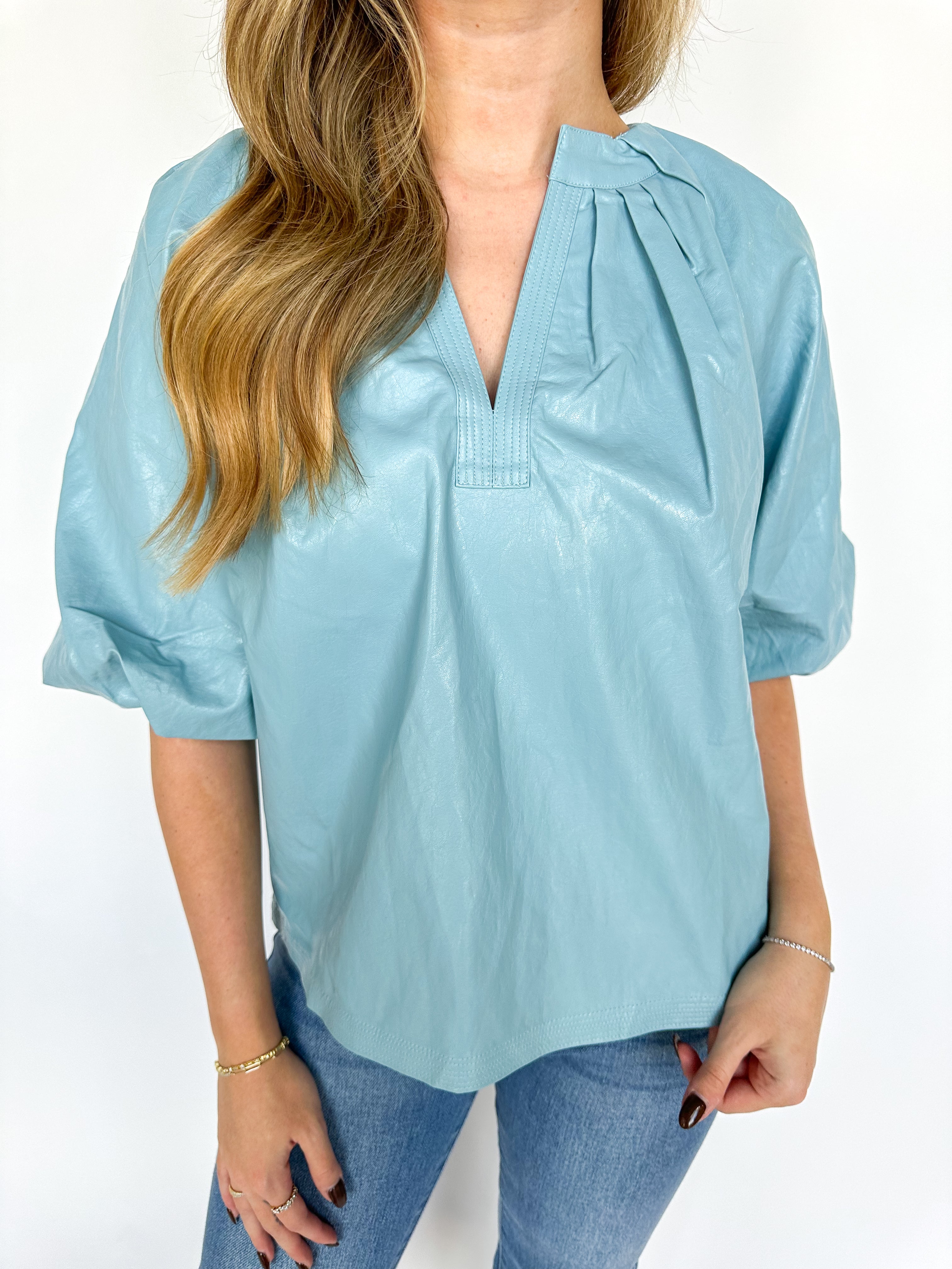 Light Blue Puff Sleeve Leather Top