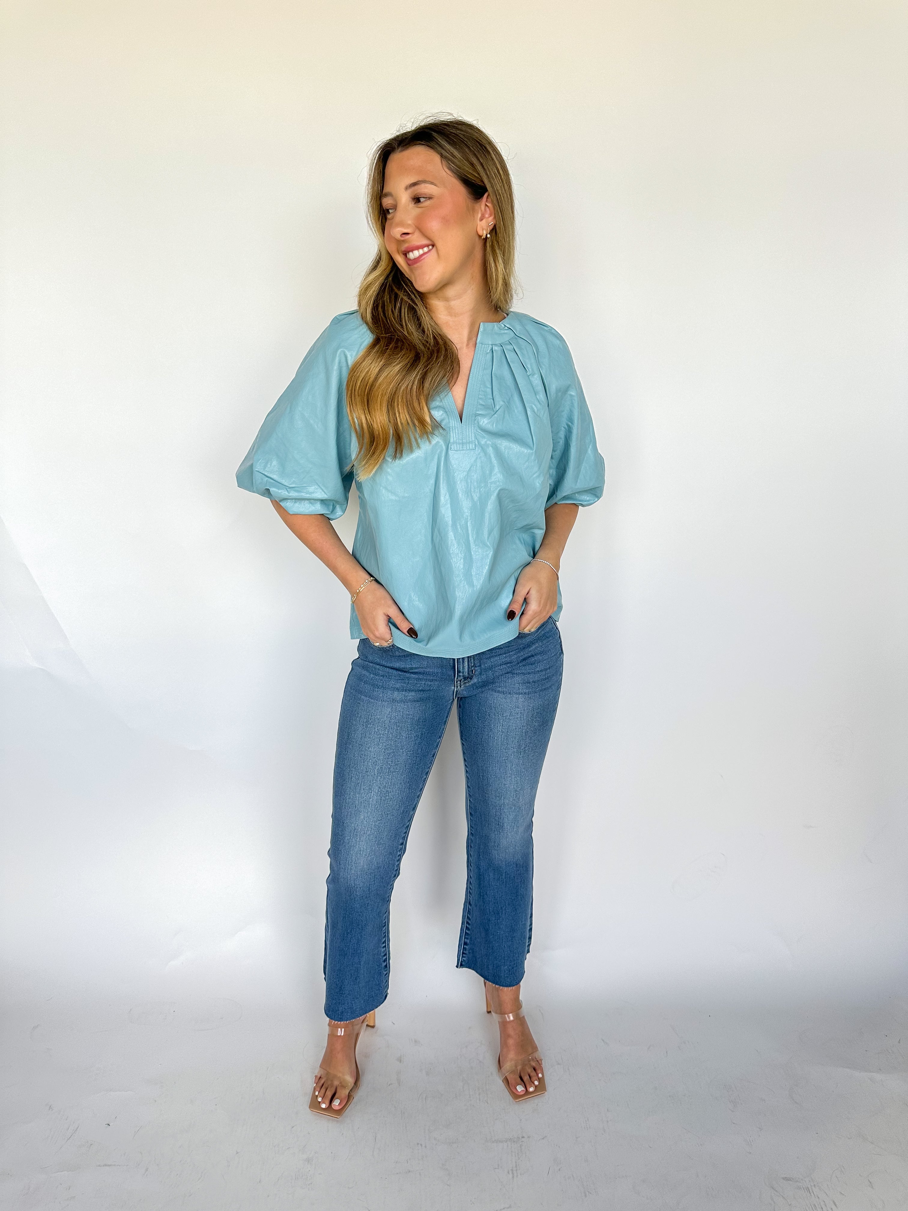 Light Blue Puff Sleeve Leather Top