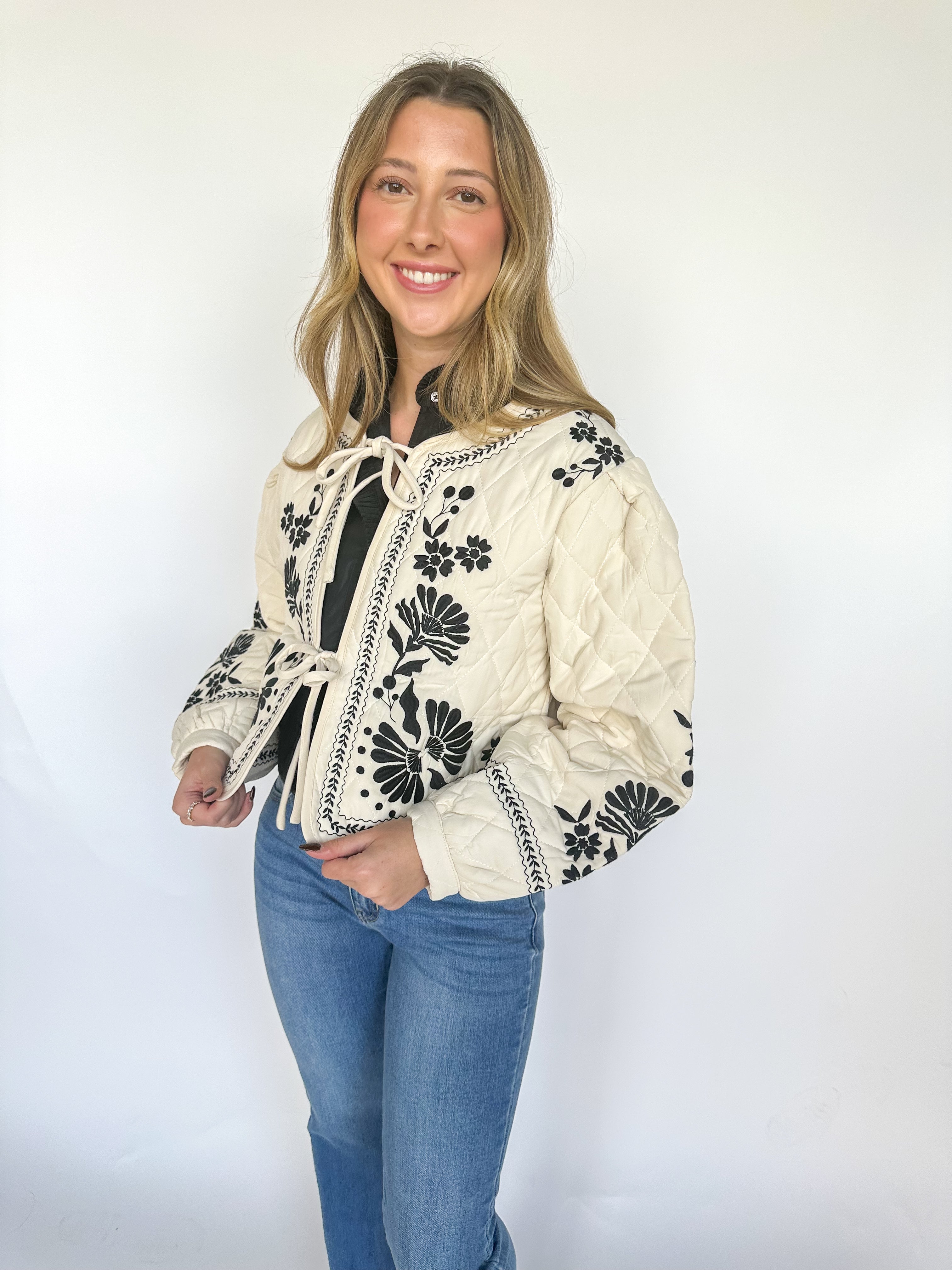 Next Chapter Embroidered Quilted Jacket Taupe