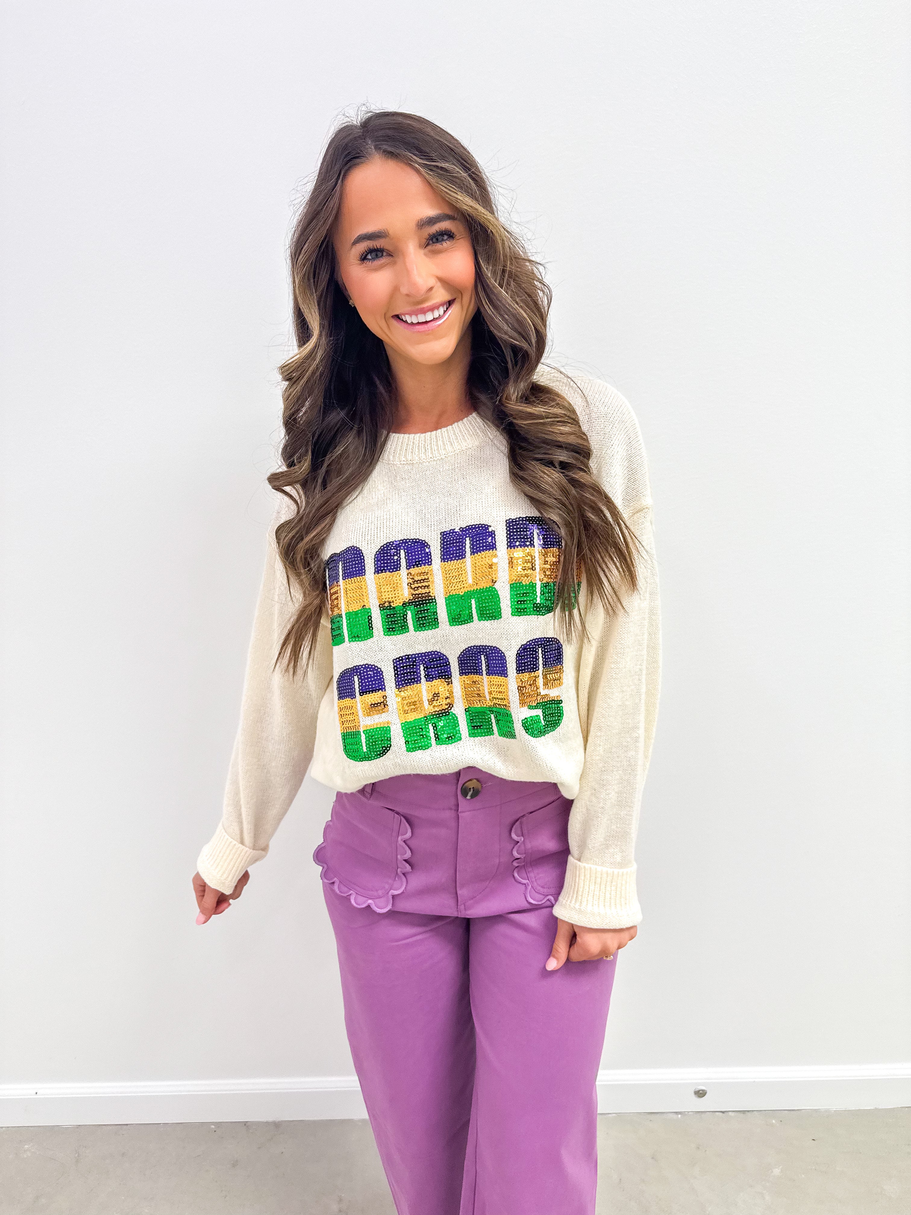 Mardi Gras Sequin Block Word Sweater