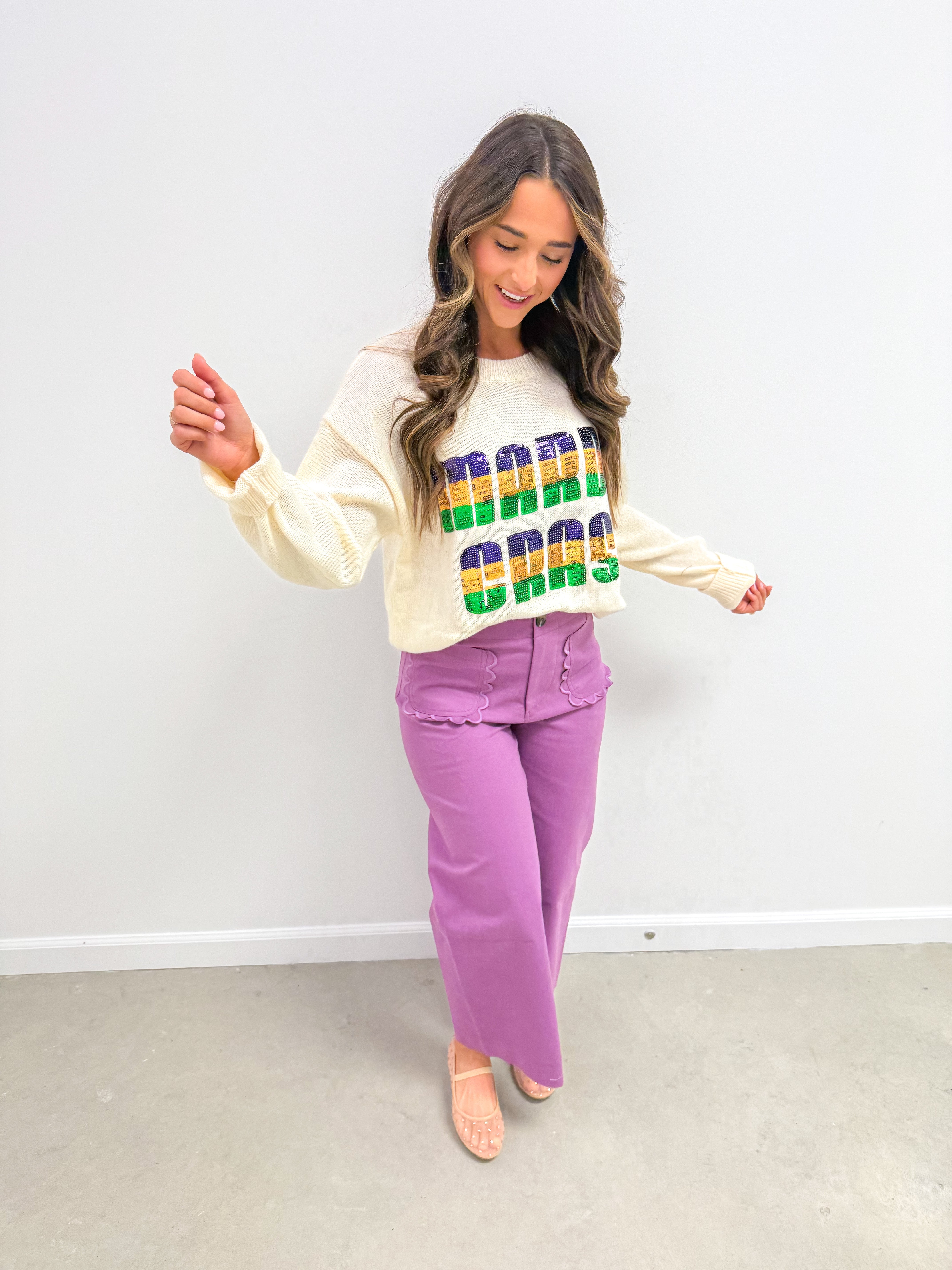 Mardi Gras Sequin Block Word Sweater