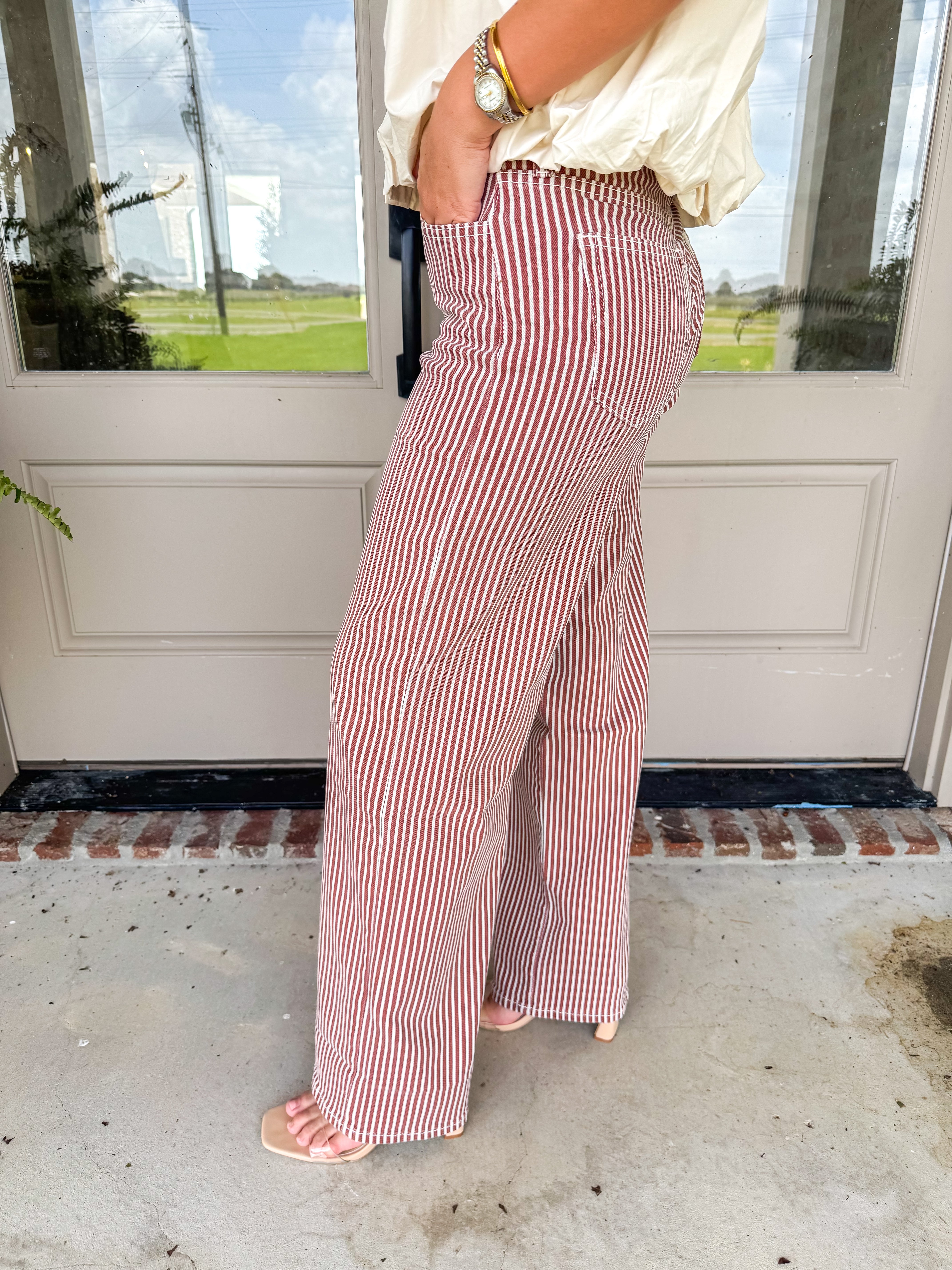 Spice Brown Striped Wide-Leg Jeans
