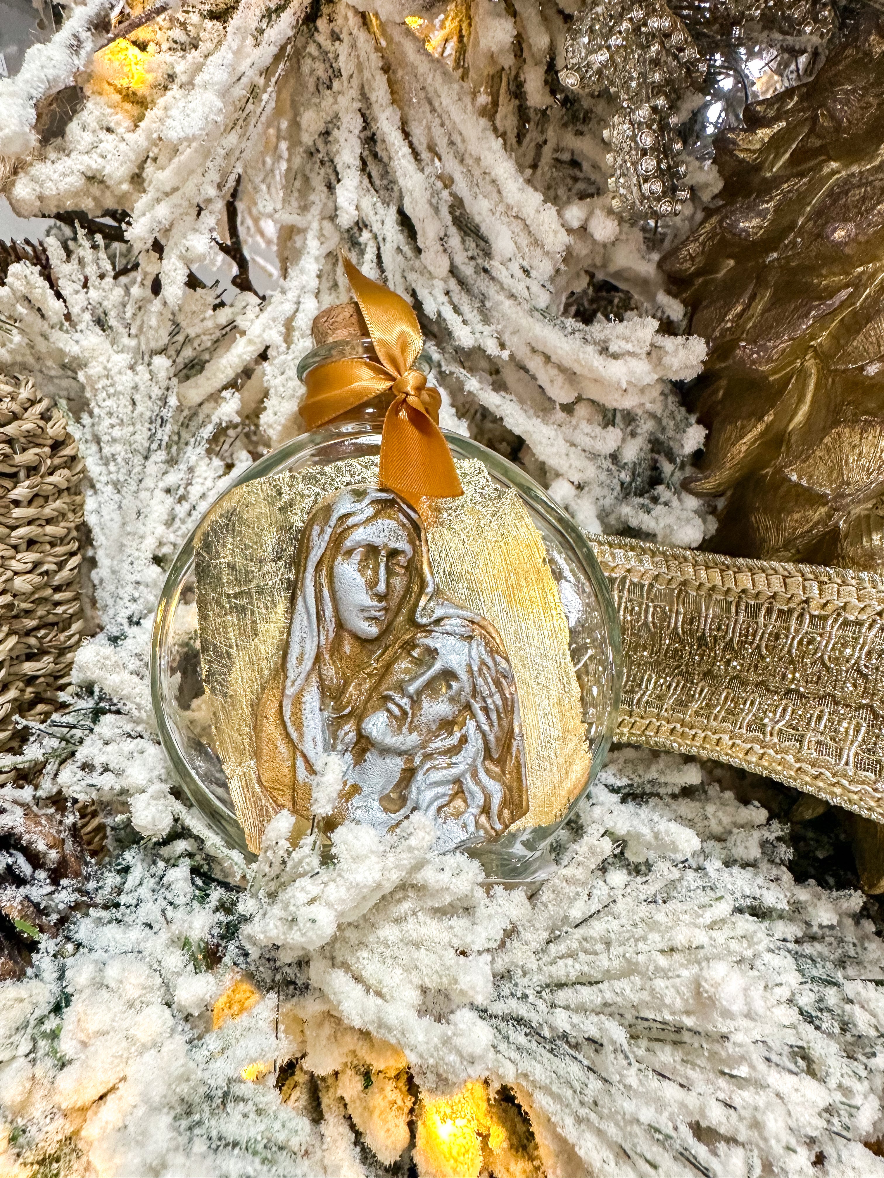 Round Holy Water Bottle W/ Mary & Jesus