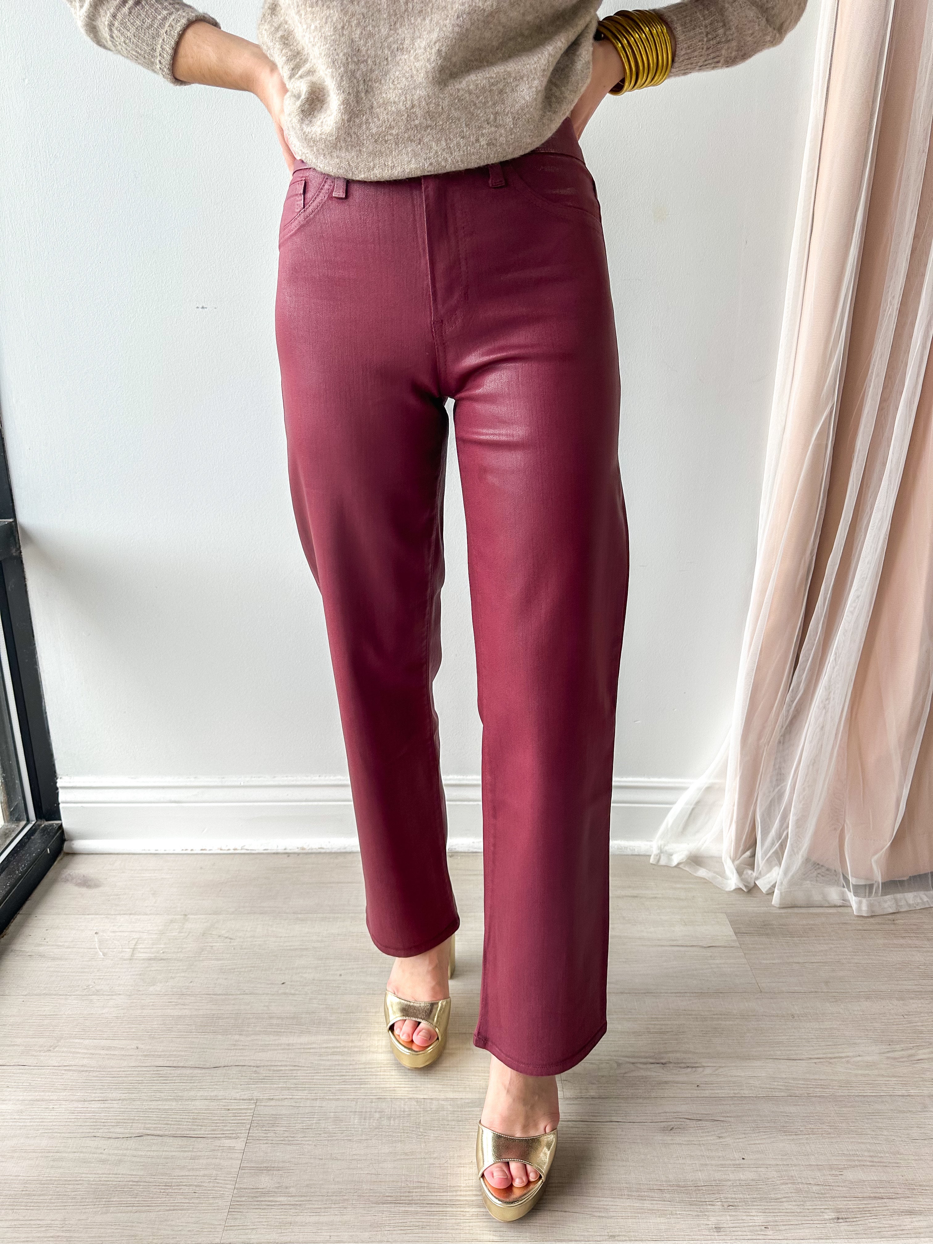 Coated Burgundy Straight Leg Denim