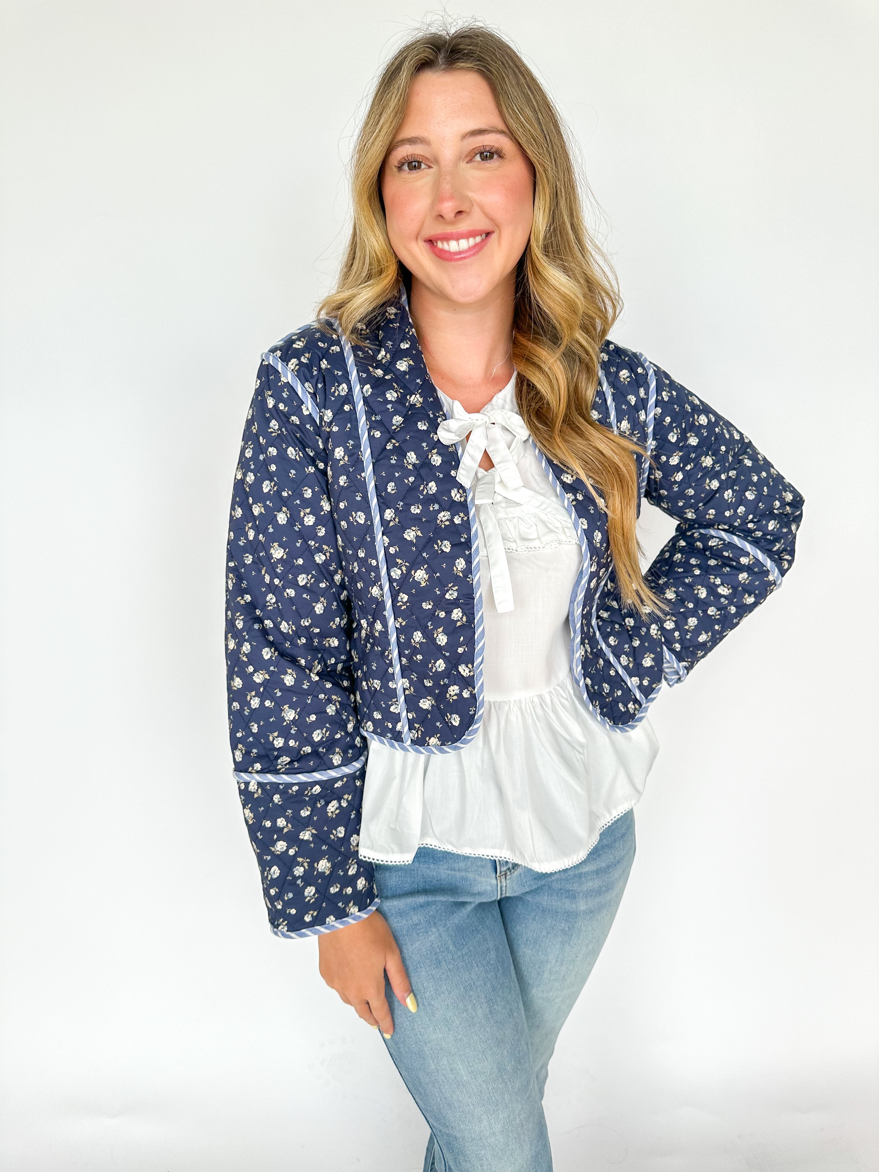 Dark Navy Floral Quilted Jacket